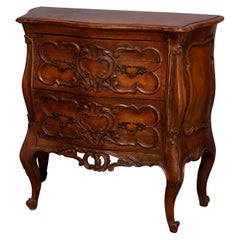 Vintage Carved Walnut Italian Rococo Style 2-Drawer Bombe Commode, 20th Century