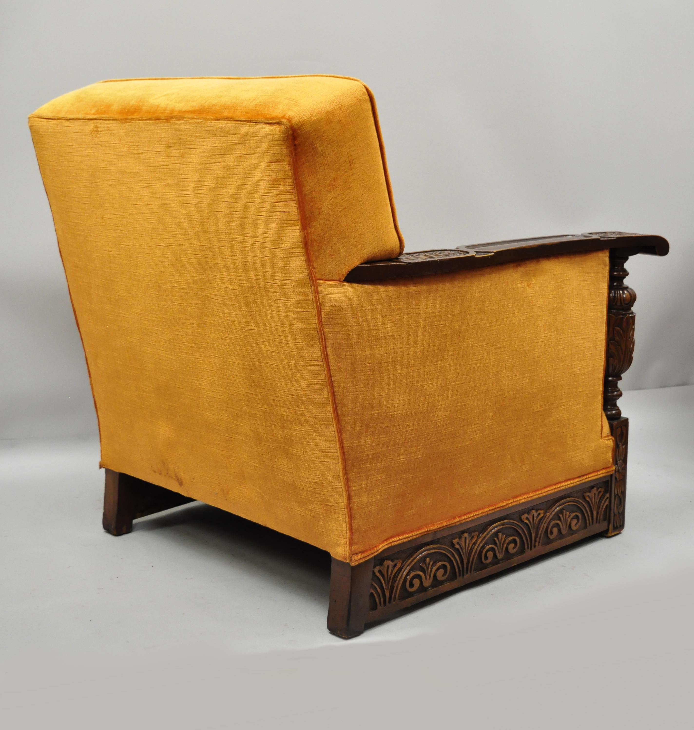 Carved Walnut Jacobean Renaissance Revival Club Lounge Chair Orange Velvet 5