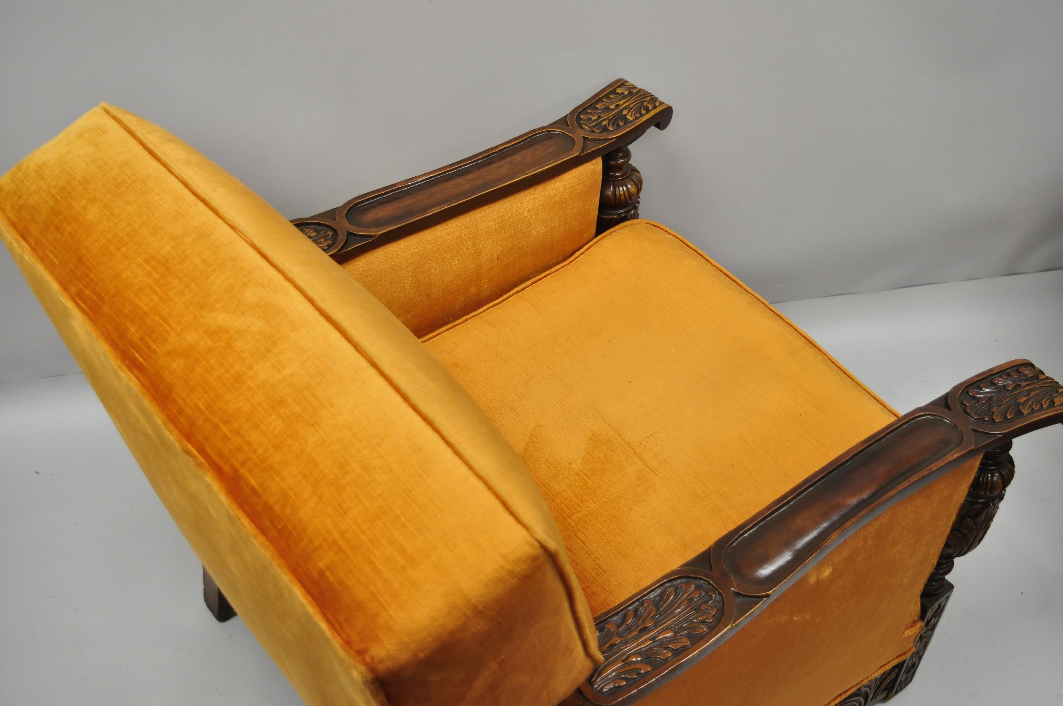 Carved Walnut Jacobean Renaissance Revival Club Lounge Chair Orange Velvet 6