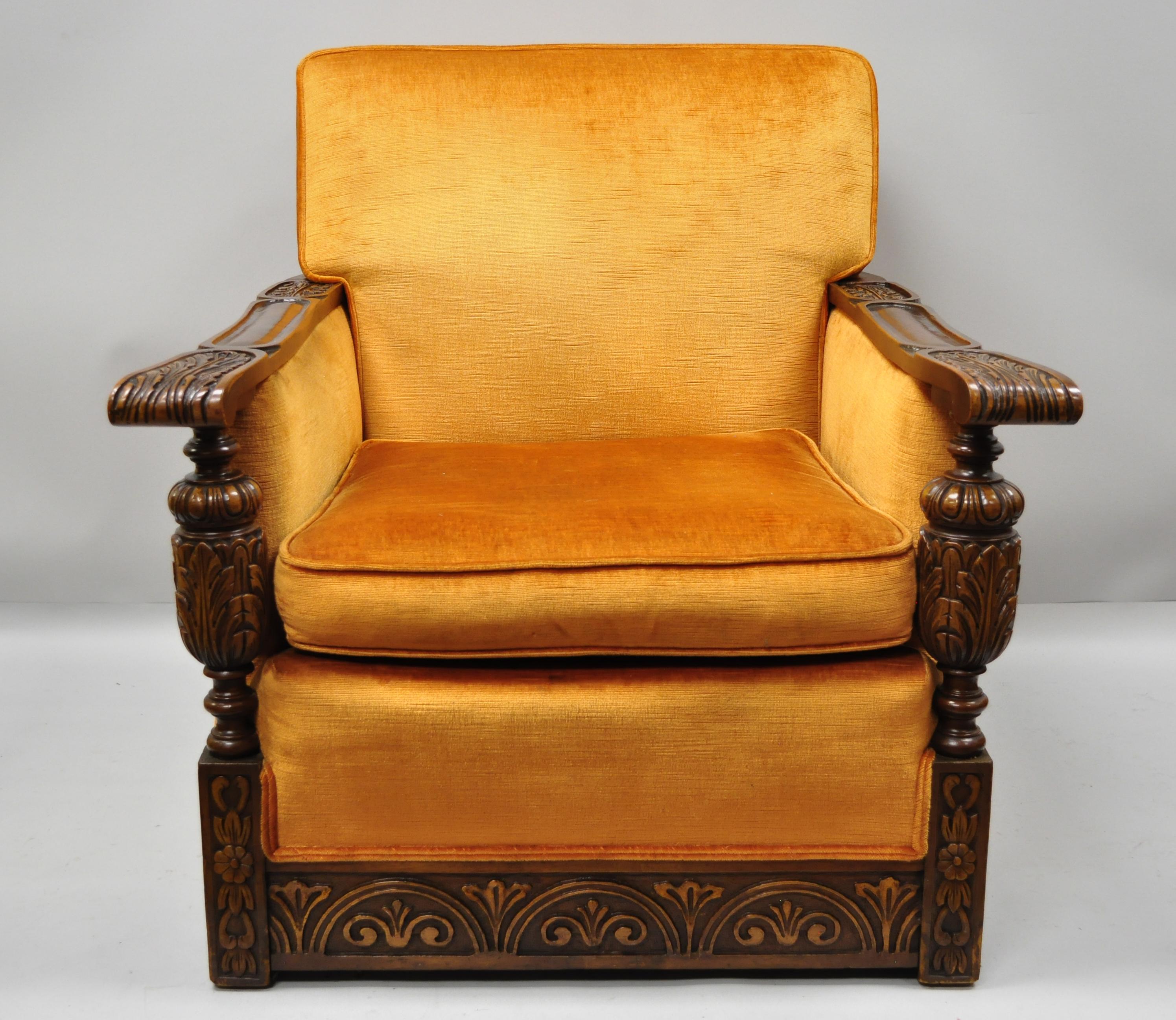 American Carved Walnut Jacobean Renaissance Revival Club Lounge Chair Orange Velvet