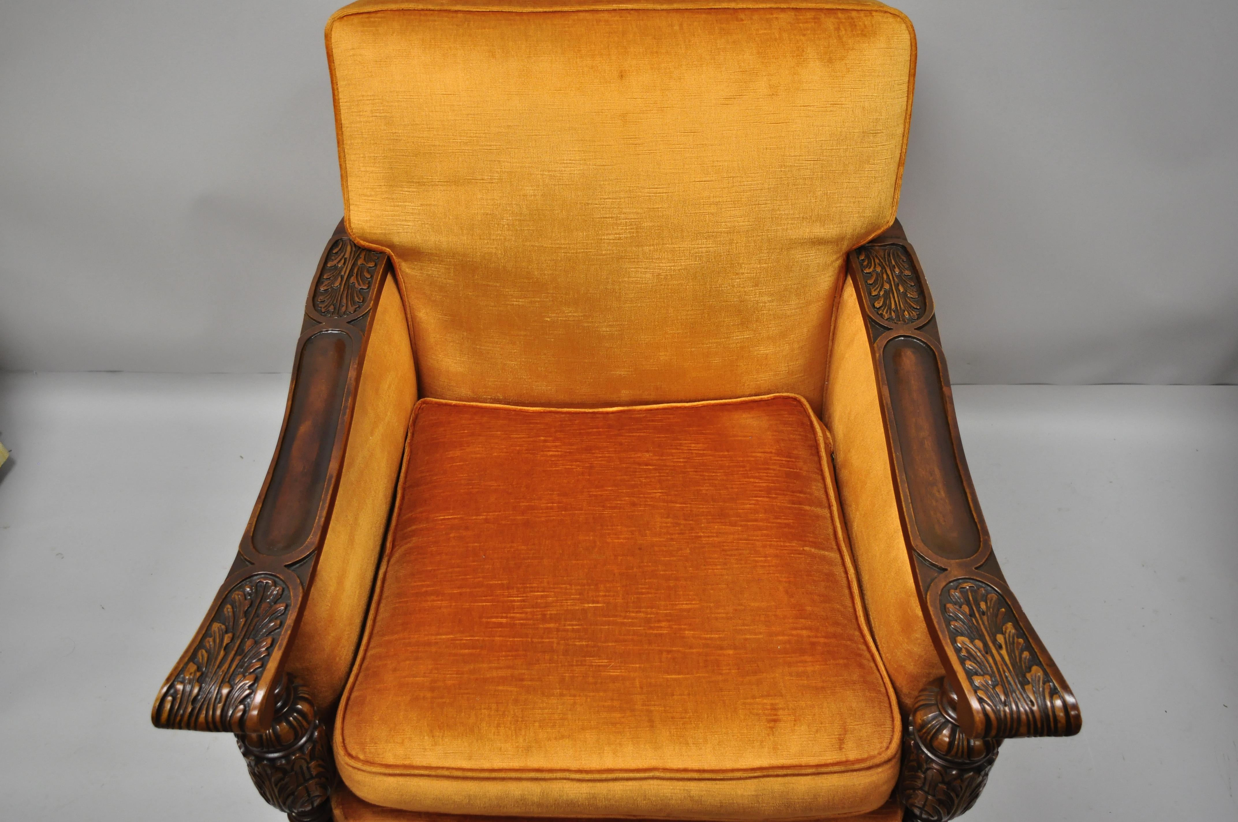 Carved Walnut Jacobean Renaissance Revival Club Lounge Chair Orange Velvet In Good Condition In Philadelphia, PA