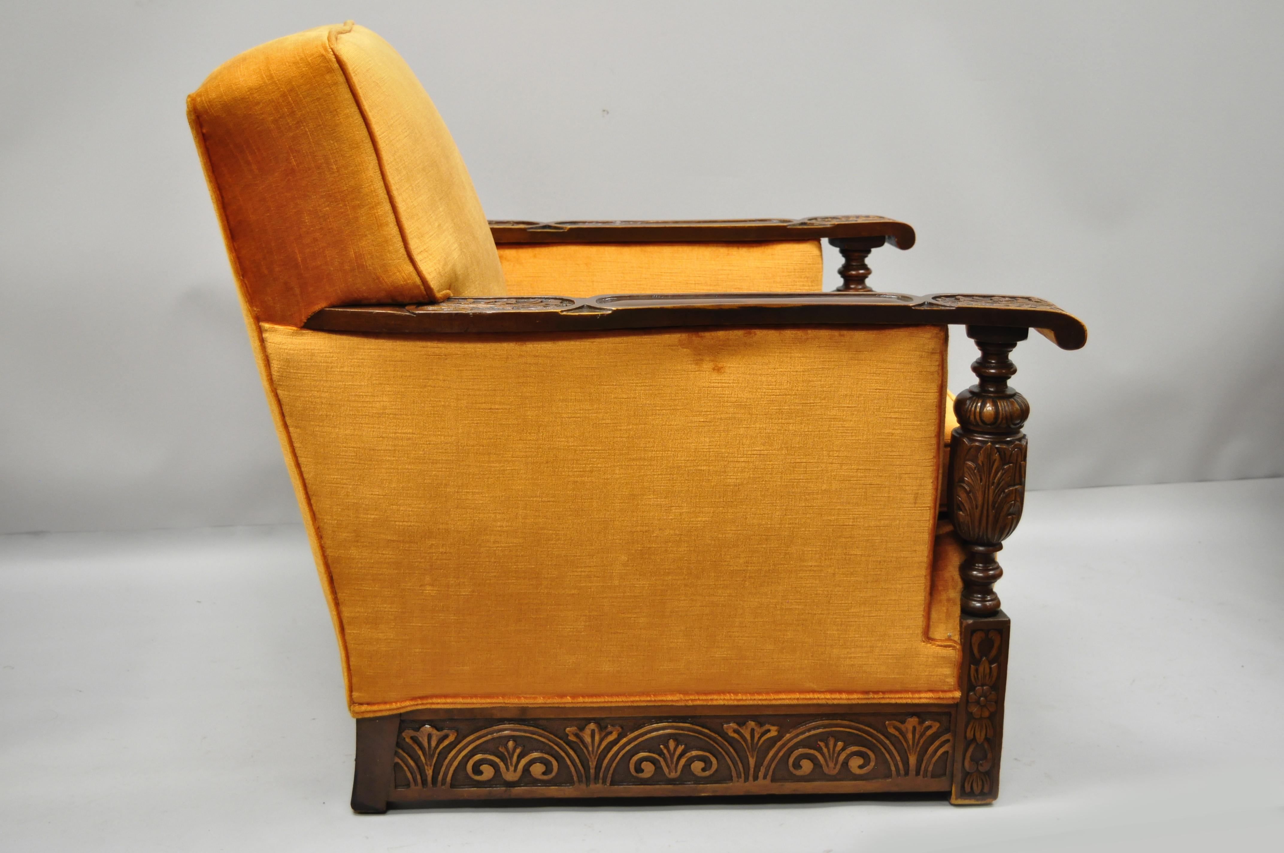 Mid-20th Century Carved Walnut Jacobean Renaissance Revival Club Lounge Chair Orange Velvet