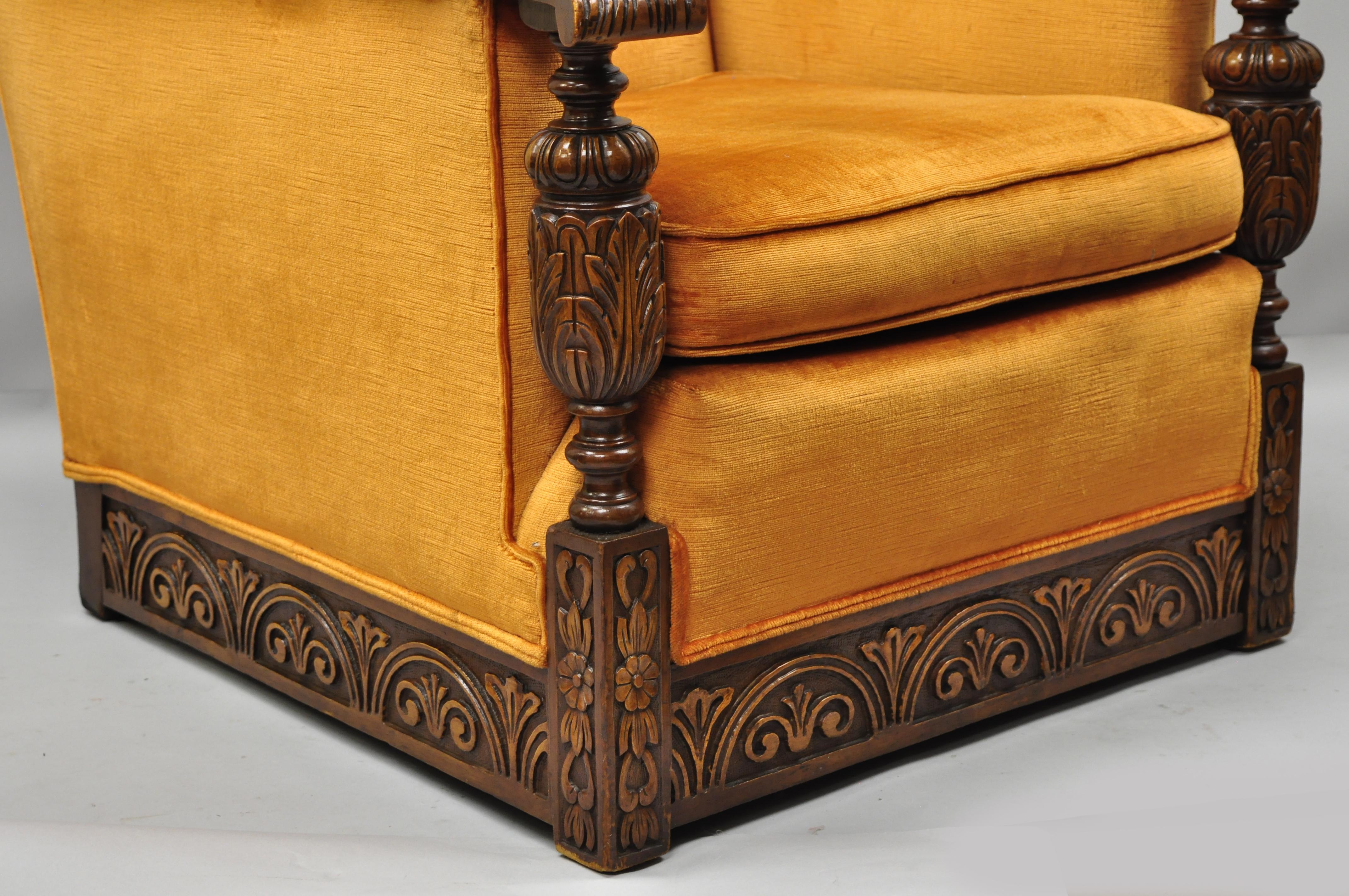 Carved Walnut Jacobean Renaissance Revival Club Lounge Chair Orange Velvet 1