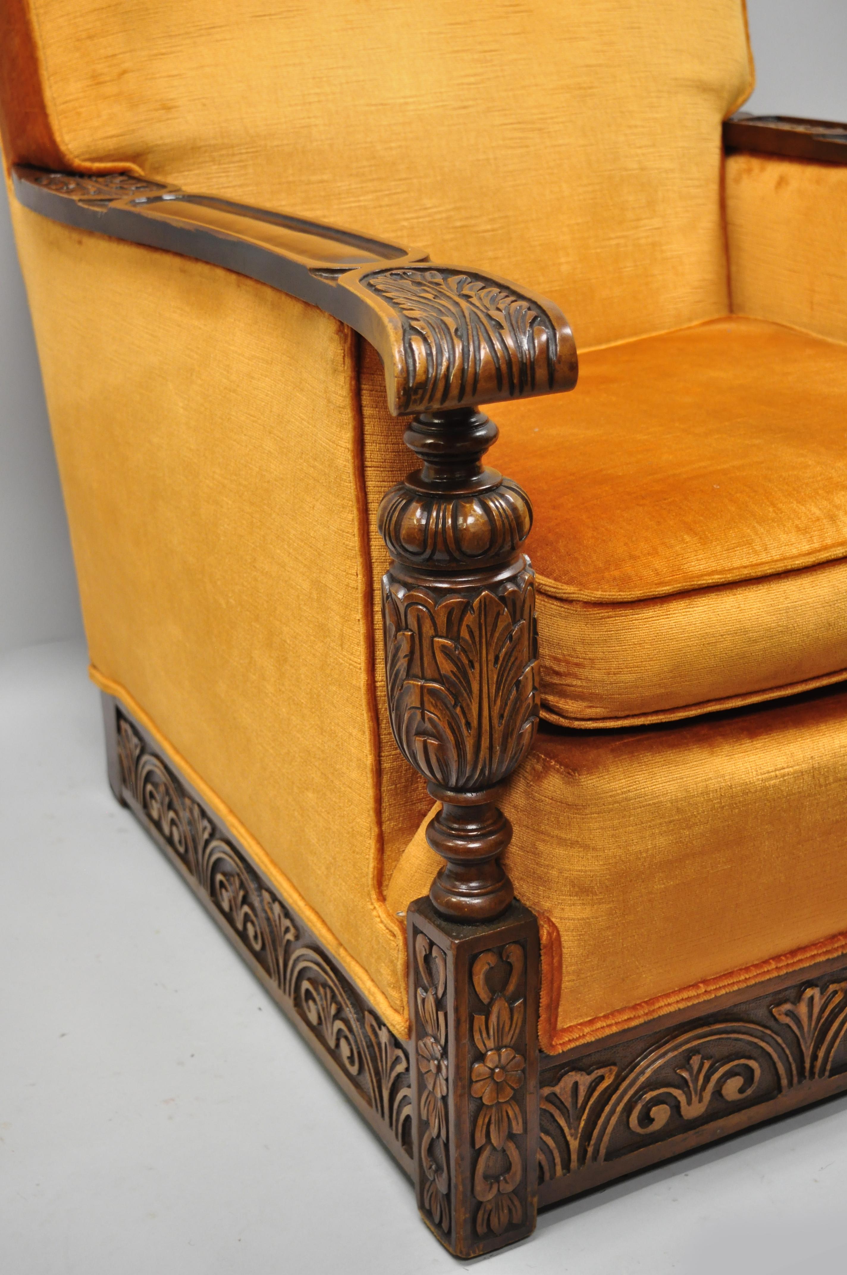 Carved Walnut Jacobean Renaissance Revival Club Lounge Chair Orange Velvet 2