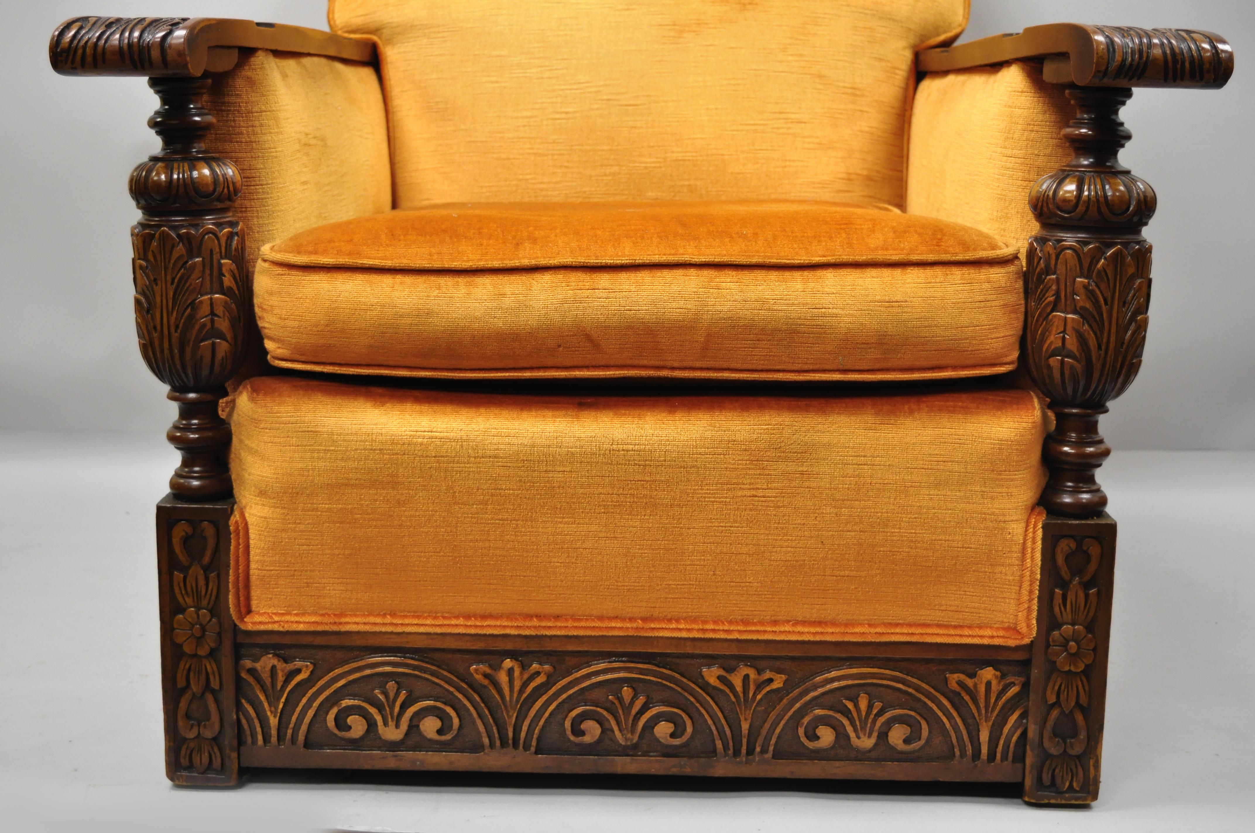 Carved Walnut Jacobean Renaissance Revival Club Lounge Chair Orange Velvet 4