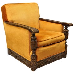 Carved Walnut Jacobean Renaissance Revival Club Lounge Chair Orange Velvet