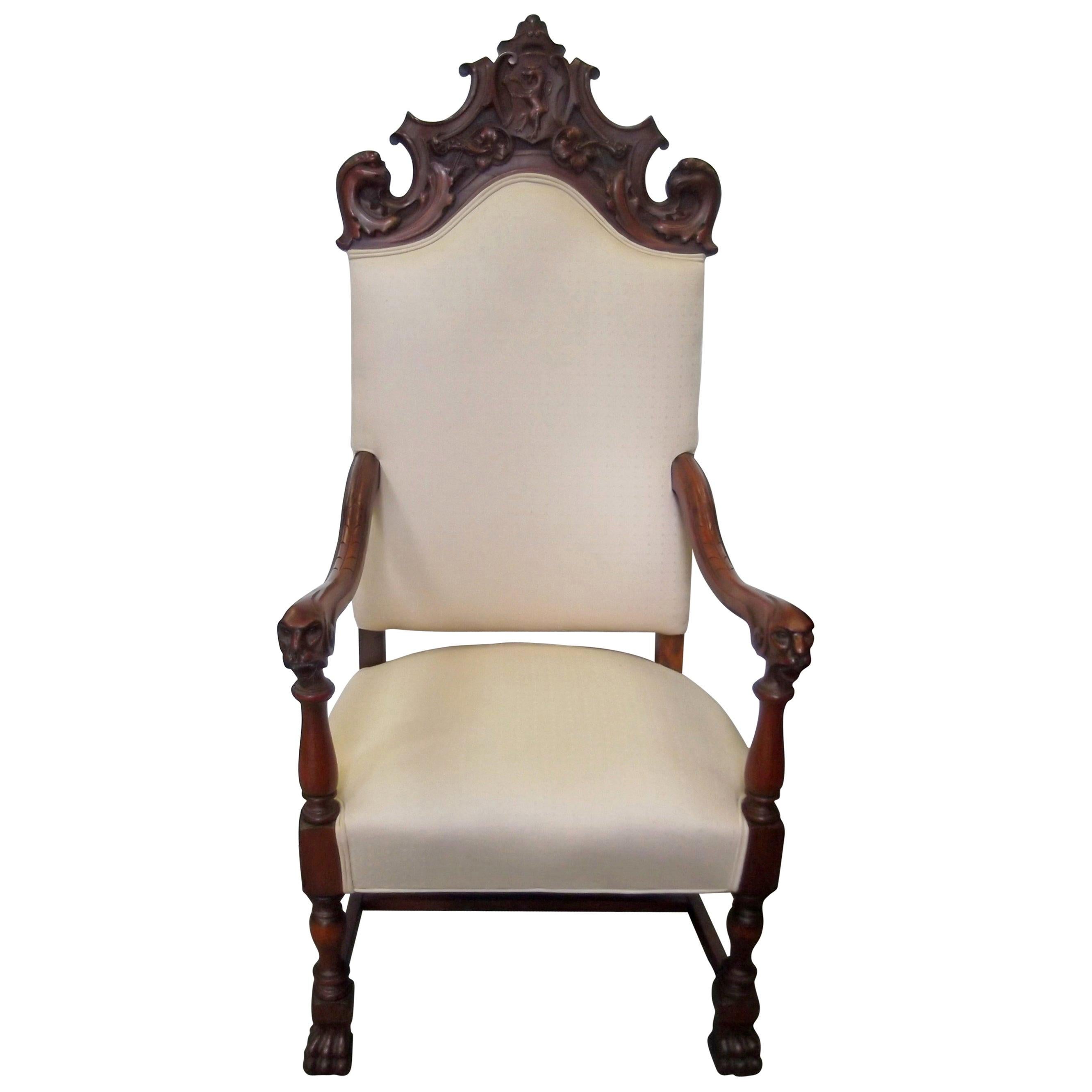 Carved Walnut Lolling Throne Chair