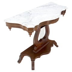 Carved Walnut Lyre Base Victorian Style Marble Top Console Table MINT!