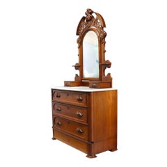 Carved Walnut Marble Top 3 Drawer Dresser With Extra Hidden Drawer c1880