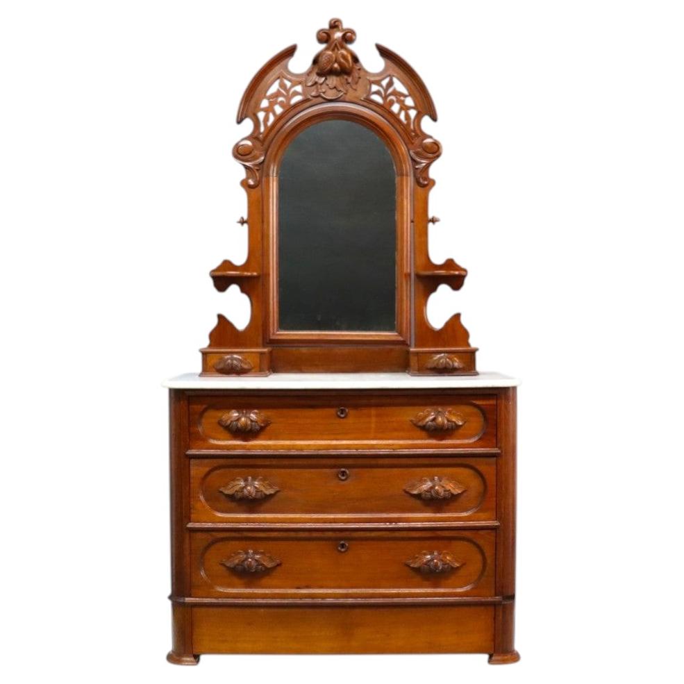 Comò in noce intagliato con piano in marmo, 3 cassetti e un cassetto nascosto aggiuntivo, 1880 circa
