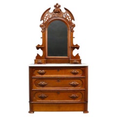 Carved Walnut Marble Top 3 Drawer Dresser With Extra Hidden Drawer c1880