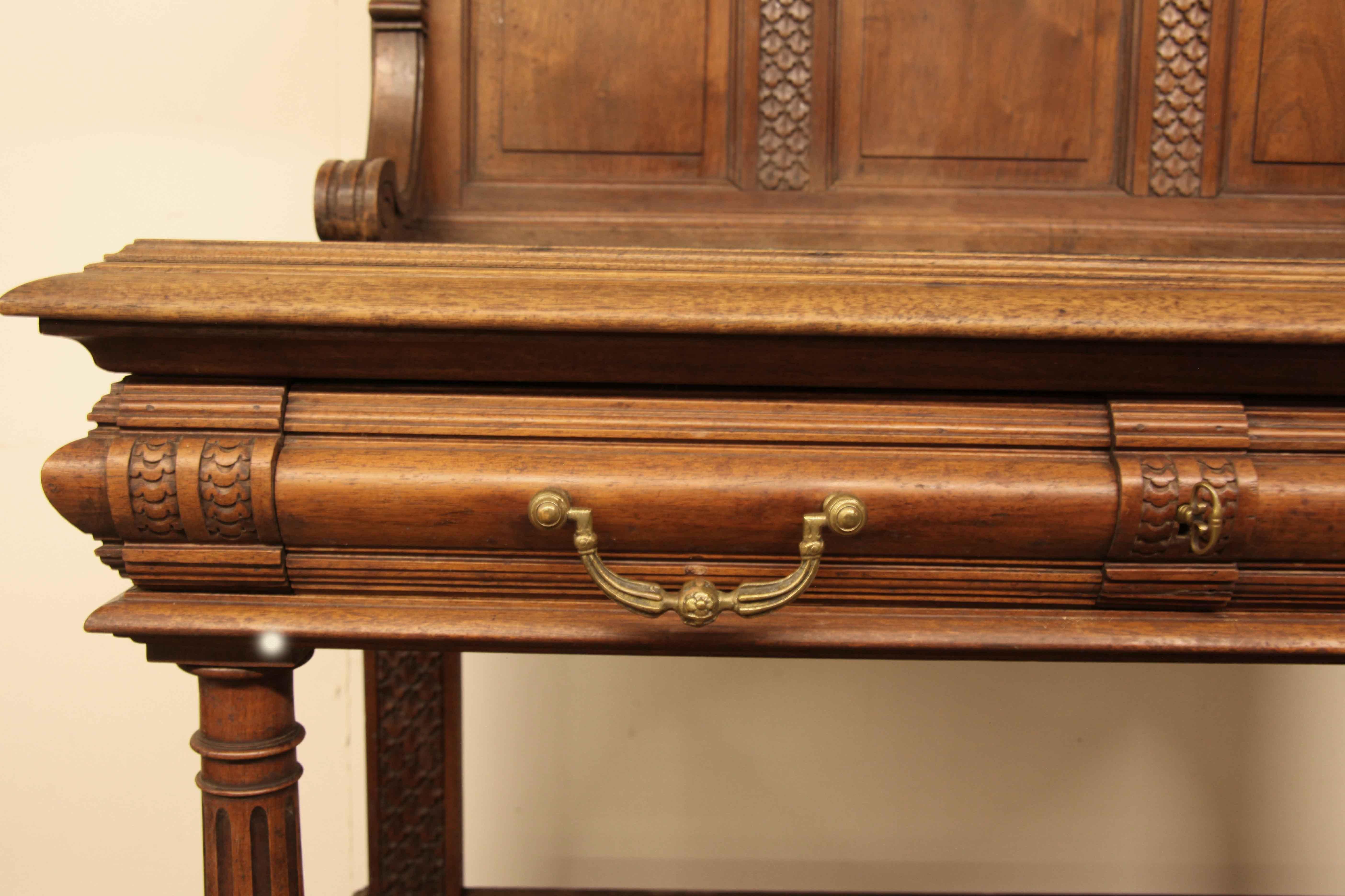 Brass Carved Walnut Marble Top Sideboard For Sale