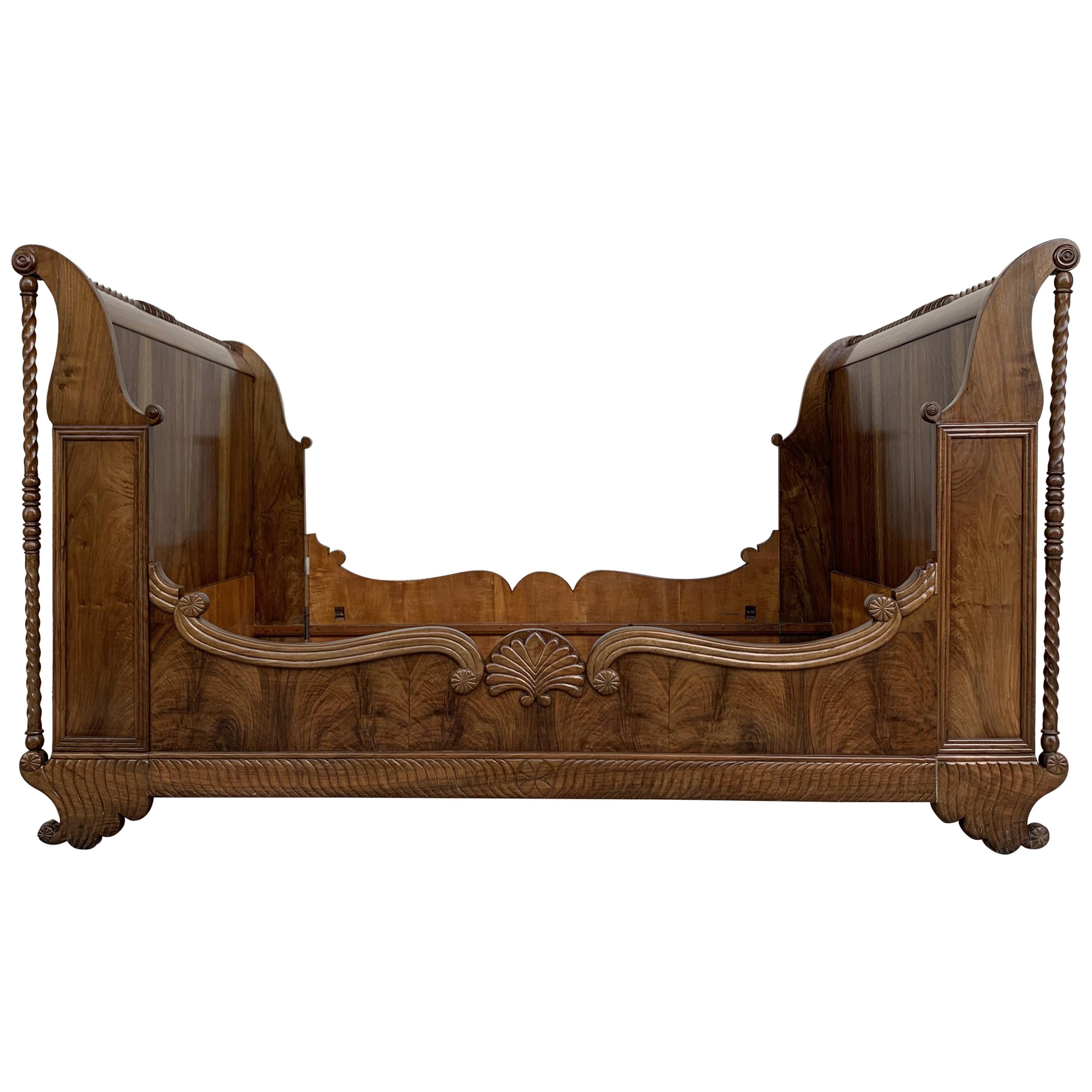 Carved Walnut Neoclassical Full Size Bed Frame, 20th Century