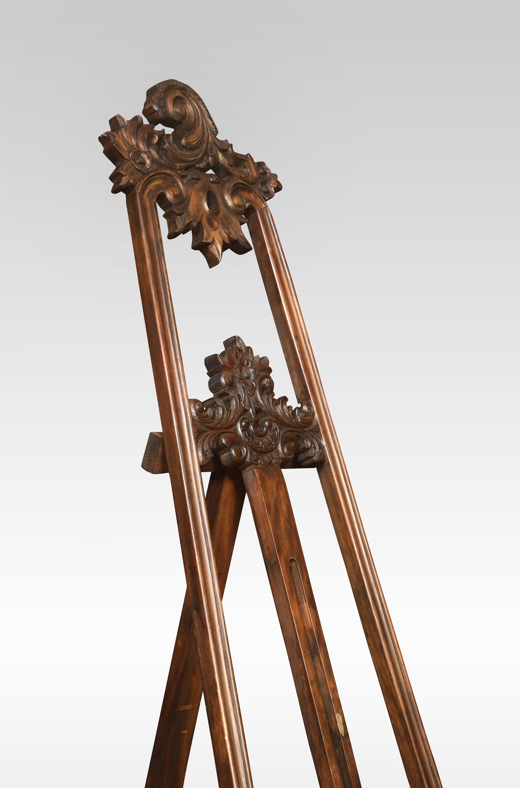 Carved walnut picture easel, the frame having large carved cartouch to the solid walnut frame having adjustable scrolling rest.
Dimensions
Height 81 Inches
Width 32 Inches
Depth 37 Inches