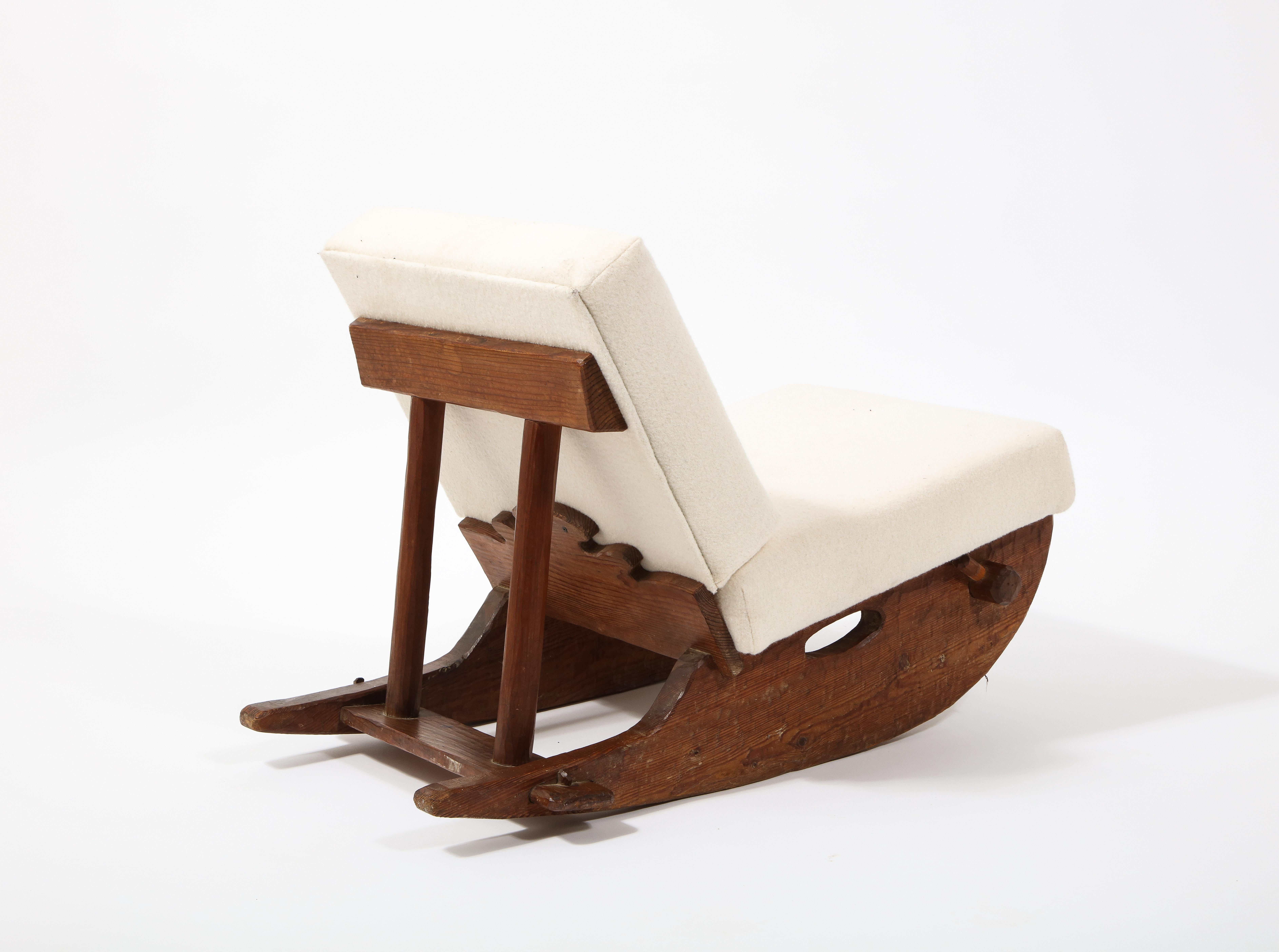 Brutalist Carved Walnut Rocking Chair after Jean Touret, France 1950's For Sale 1