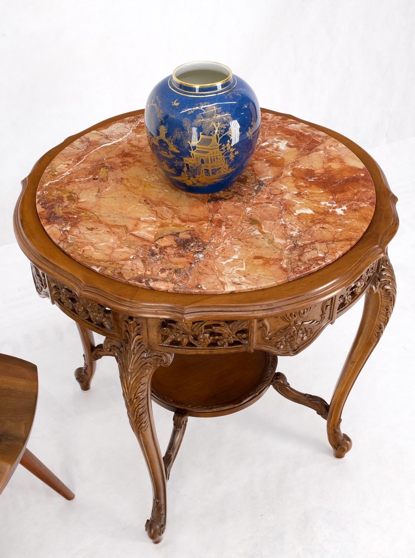 Carved walnut rouge marble top lamp side occasional table stand pedestal.