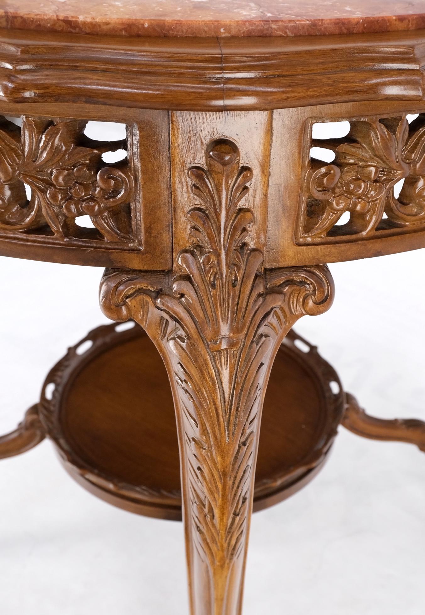 Carved Walnut Rouge Marble Top Lamp Side Occasional Table Stand Pedestal In Excellent Condition For Sale In Rockaway, NJ