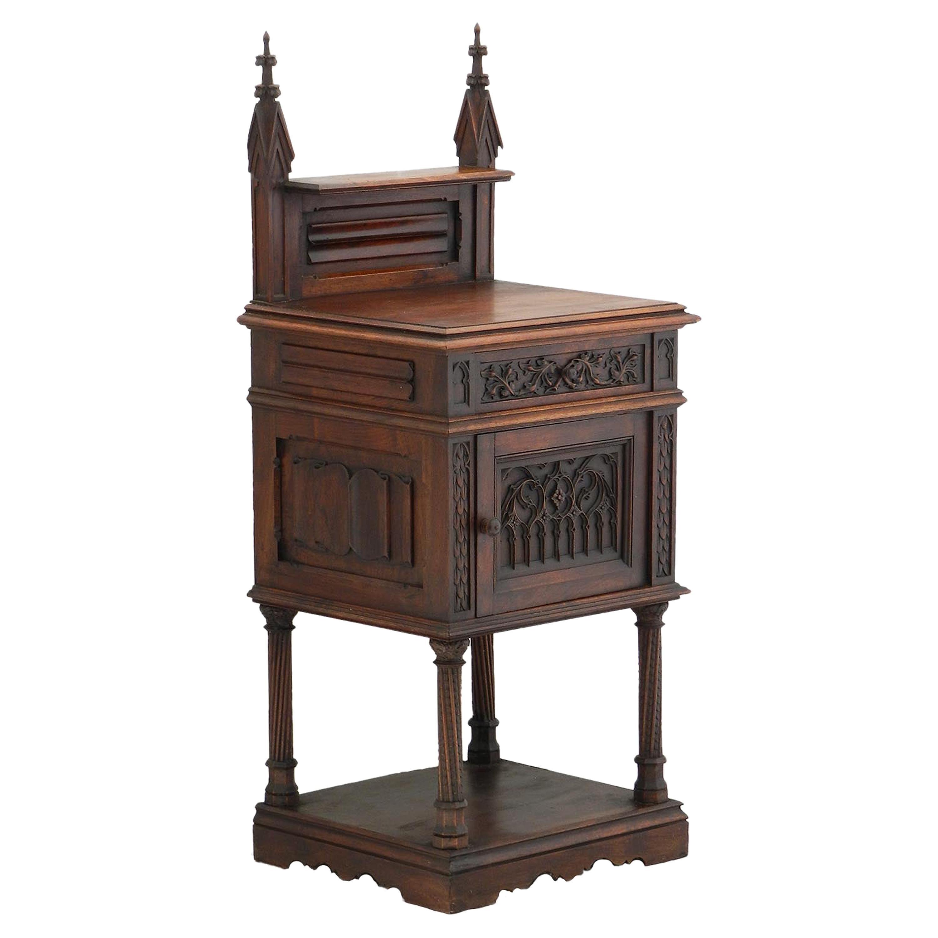 Carved Walnut Side Cabinet 19th Century Gothic Revival Nightstand Bedside Table