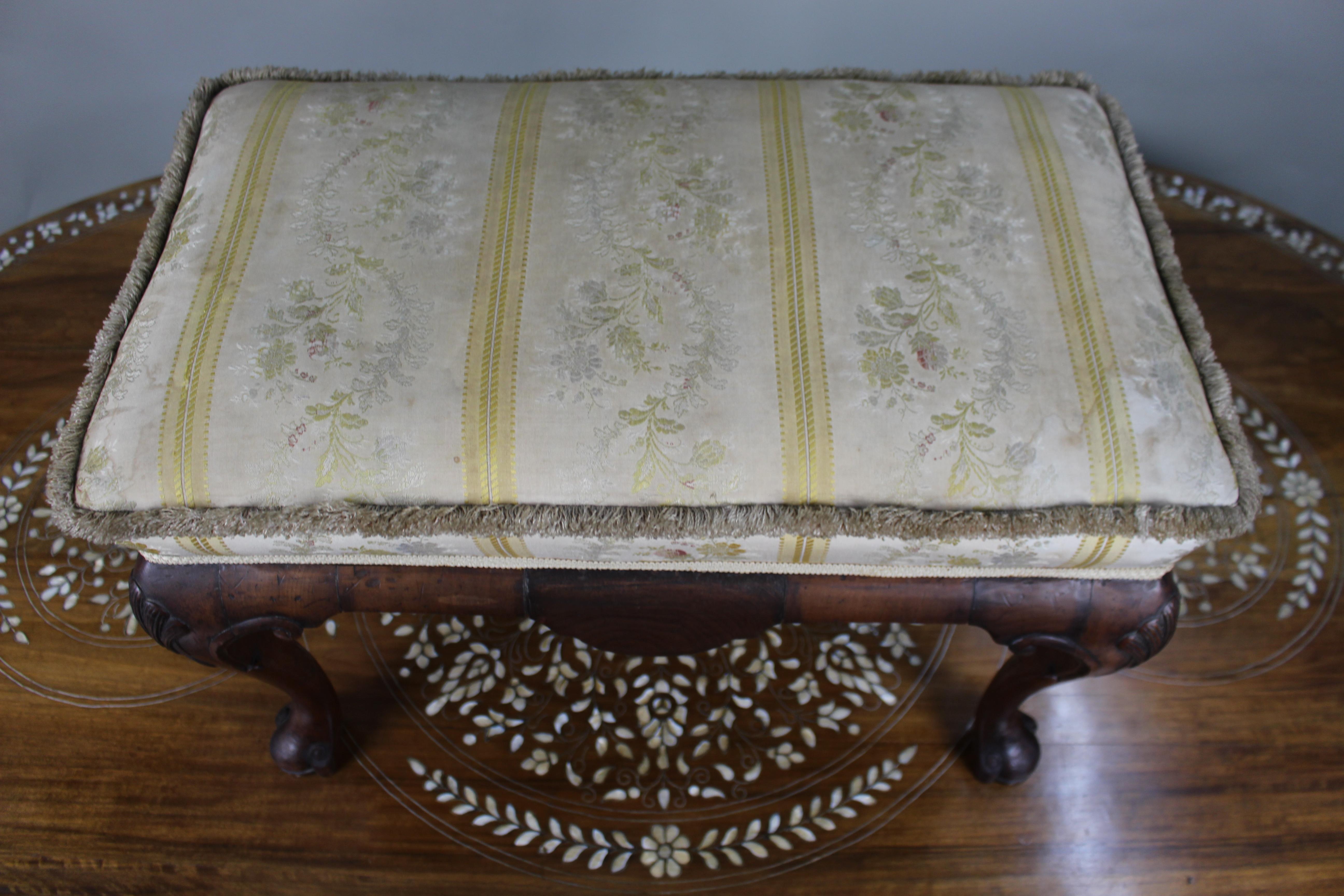 Carved Walnut Upholstered Footstool c.1930 (Britisch) im Angebot