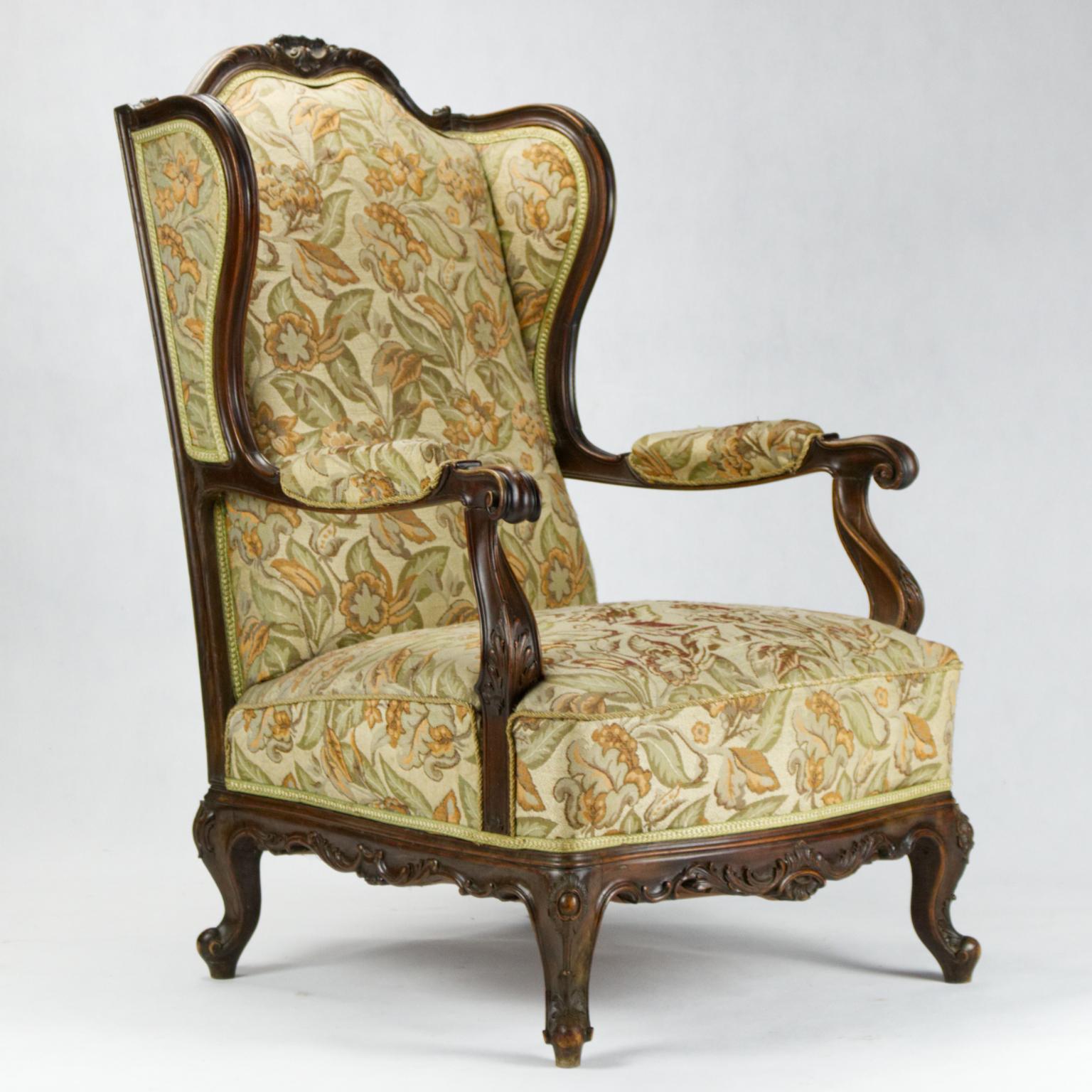 Carved Walnut Wingback Armchair, 19th Century 4