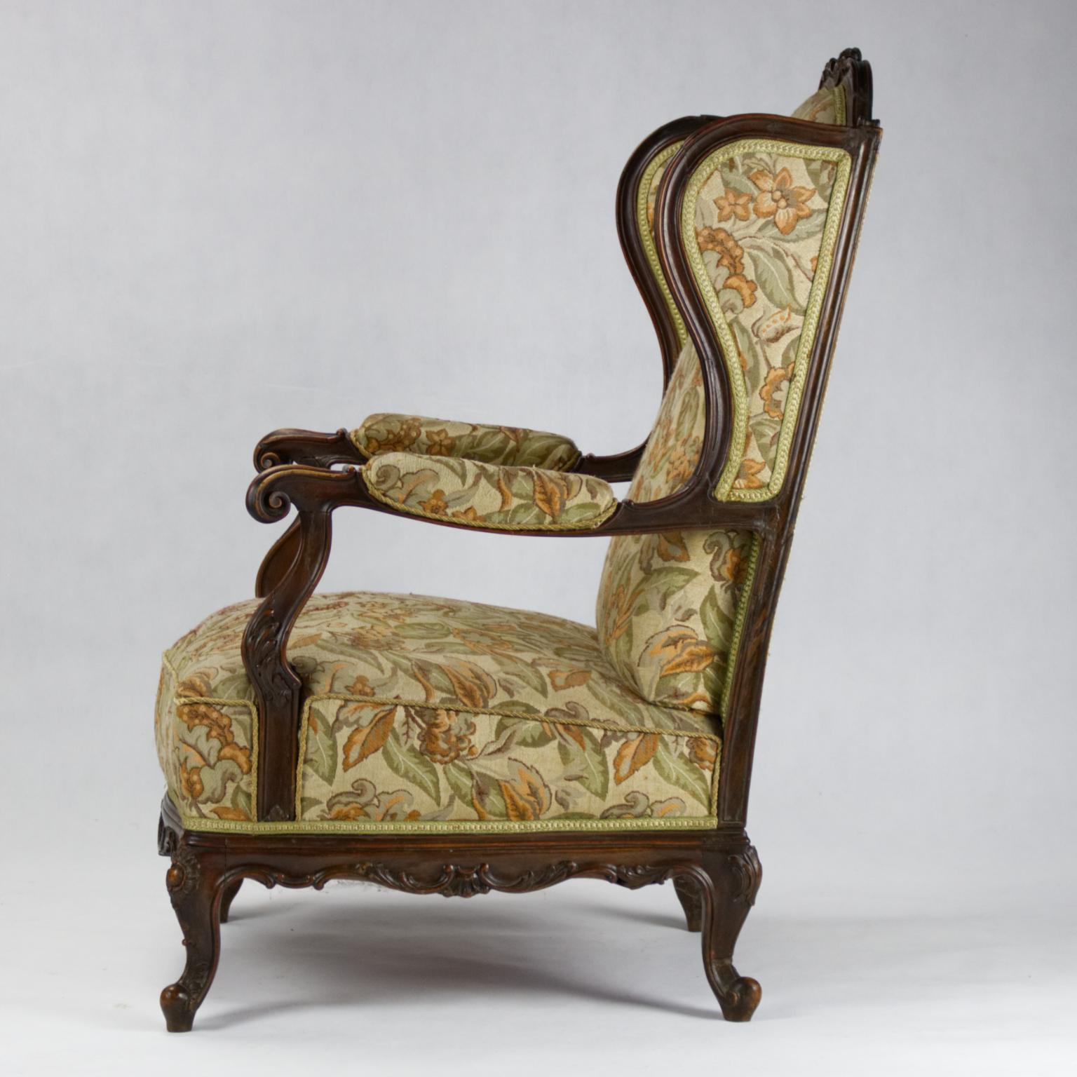 Hand-Carved Carved Walnut Wingback Armchair, 19th Century