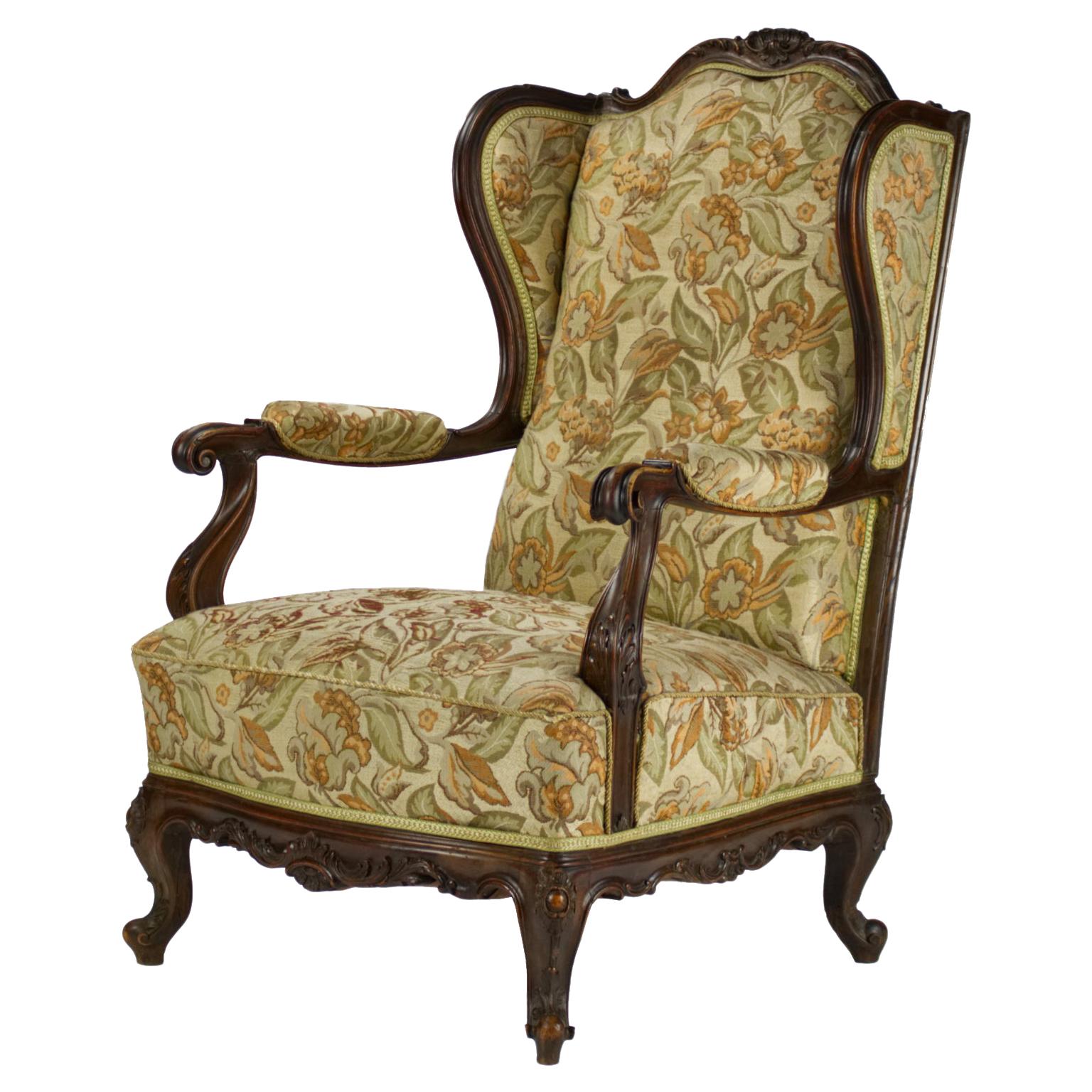 Carved Walnut Wingback Armchair, 19th Century