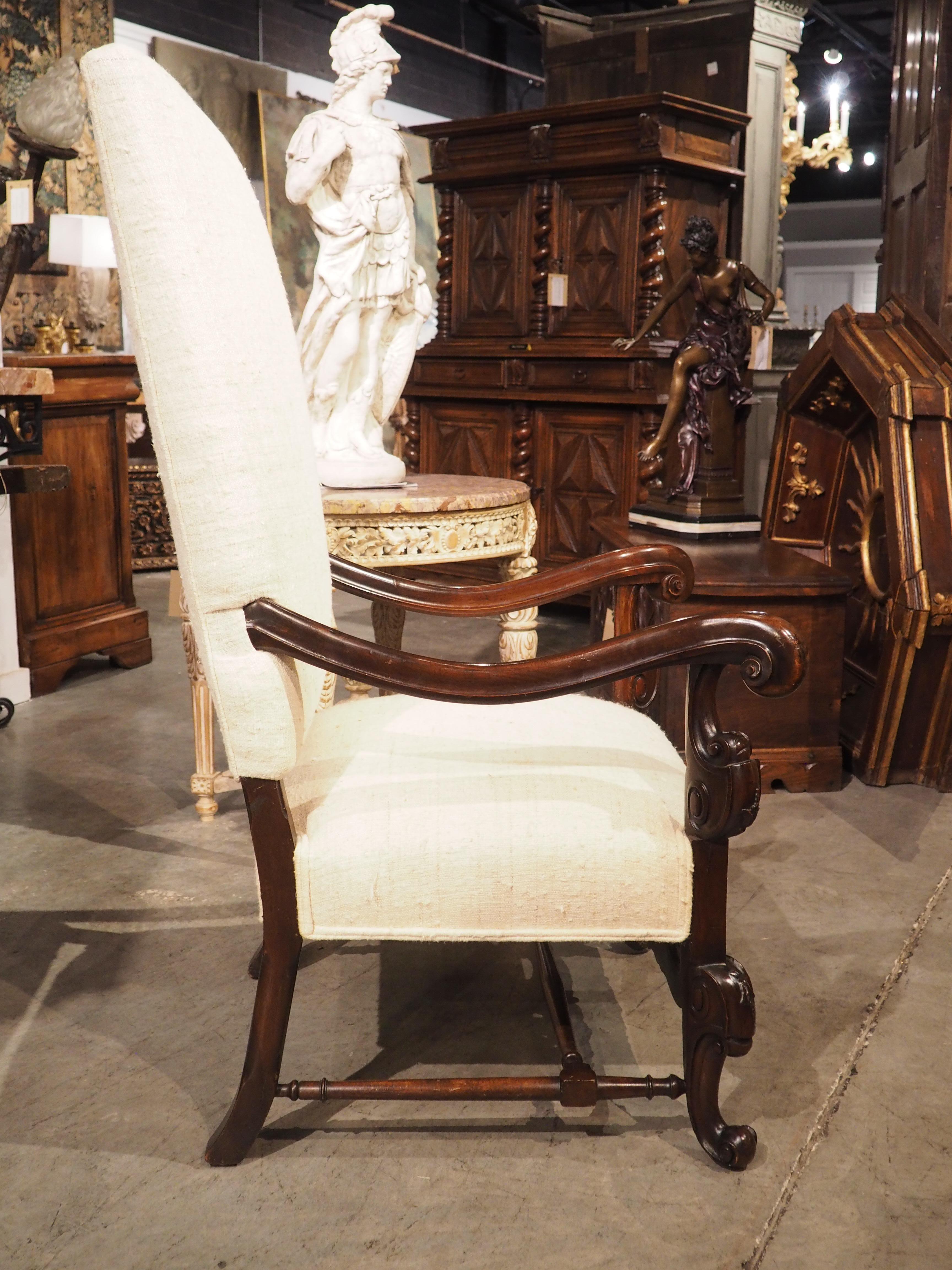 Carved Walnut Wood Baroque Style Armchair with Raw Silk Upholstery, Mid 1900s For Sale 7