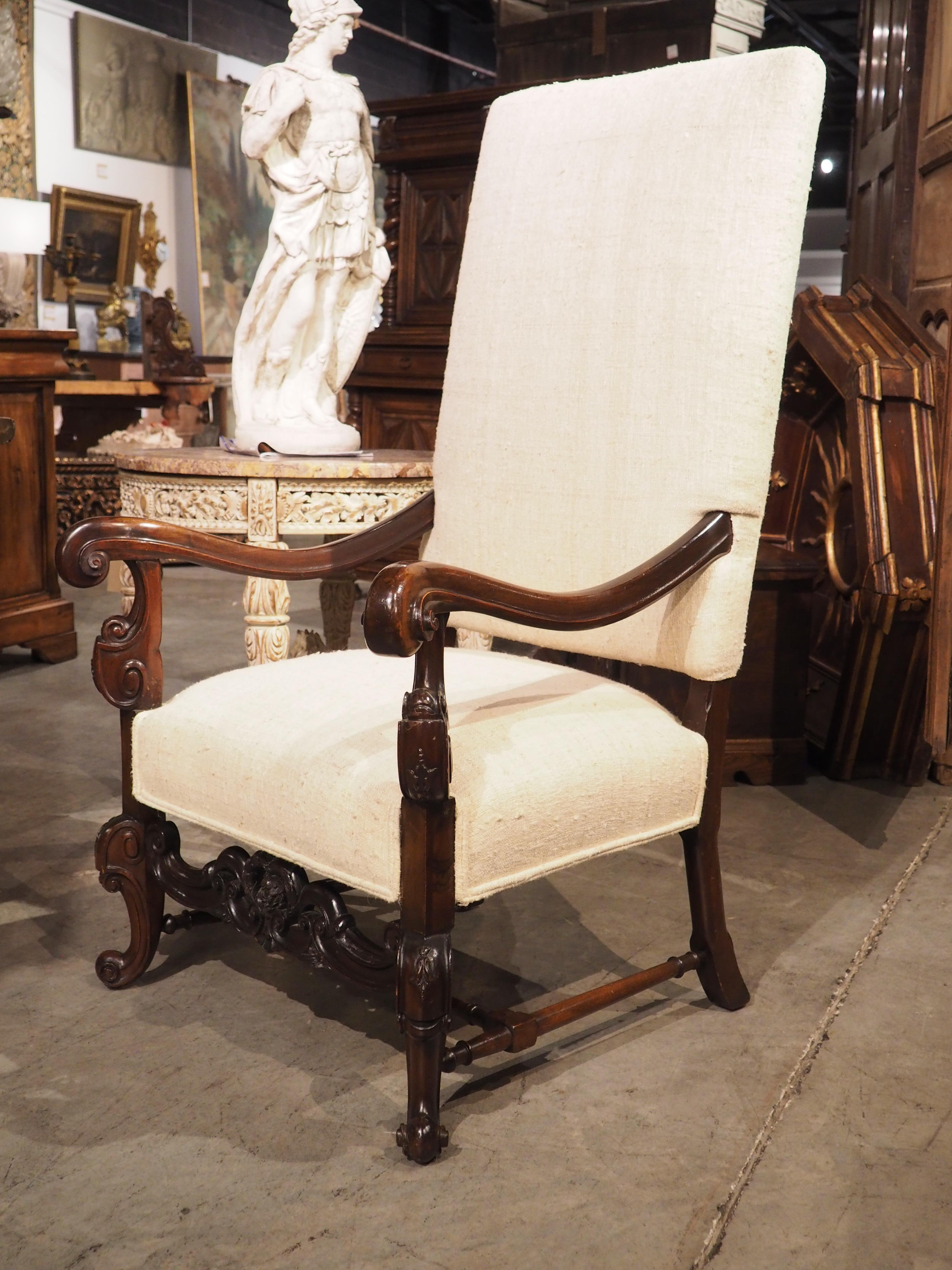 Baroque architecture of the 17th and 18th centuries was known for its highly decorative style, often employing structural elements as sculpted motifs. Baroque furniture, such as this walnut armchair with raw silk upholstery, also utilized this