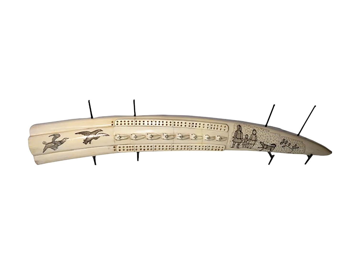 Carved Walrus Tusk Scrimshaw Cribbage Game 2