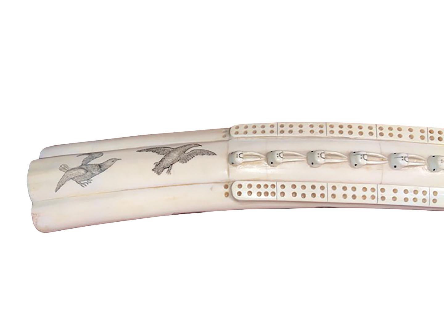Carved Walrus Tusk Scrimshaw Cribbage Game In Good Condition In Dallas, TX