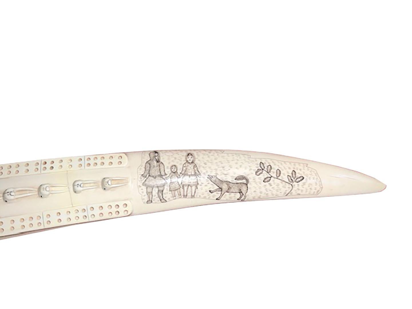 Early 20th Century Carved Walrus Tusk Scrimshaw Cribbage Game