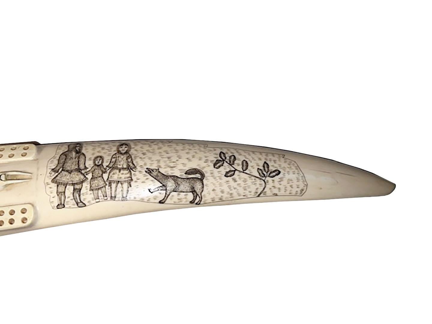 Horn Carved Walrus Tusk Scrimshaw Cribbage Game