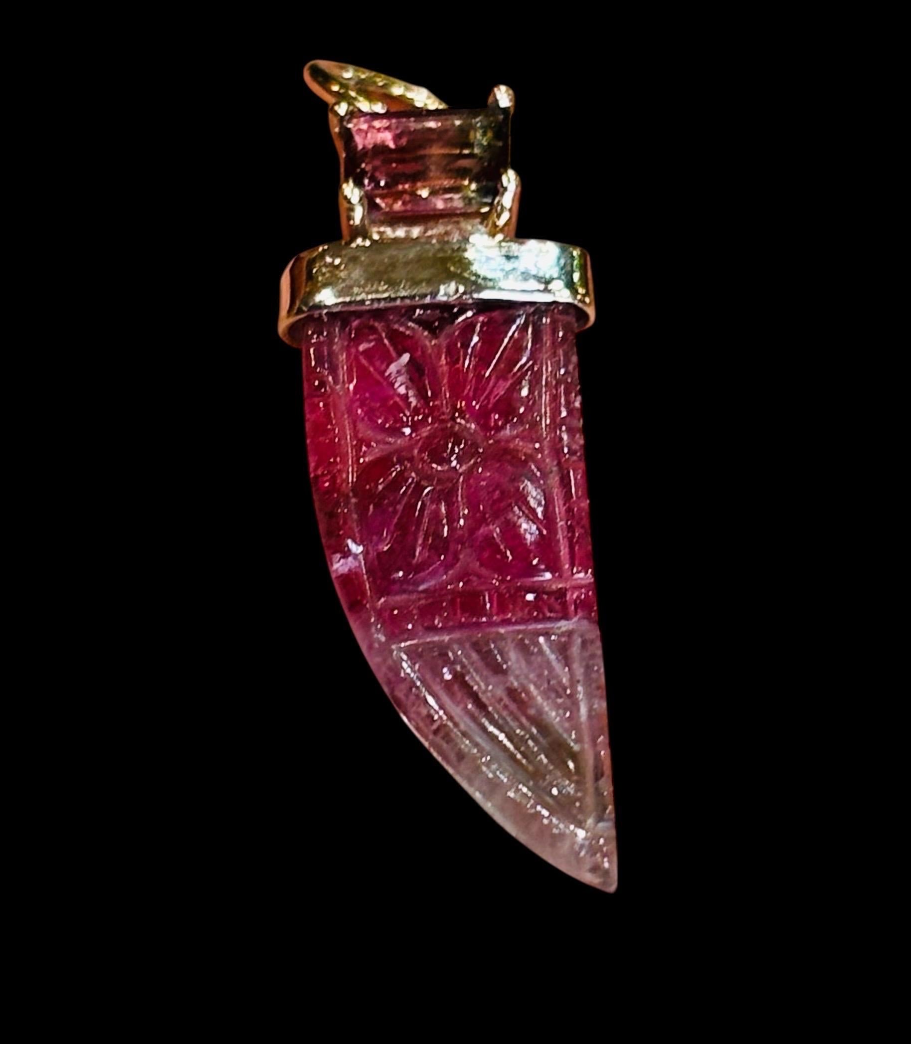 Mixed Cut Carved Watermelon Tourmaline Pendant topped with Watermelon Tourmaline & 14K For Sale