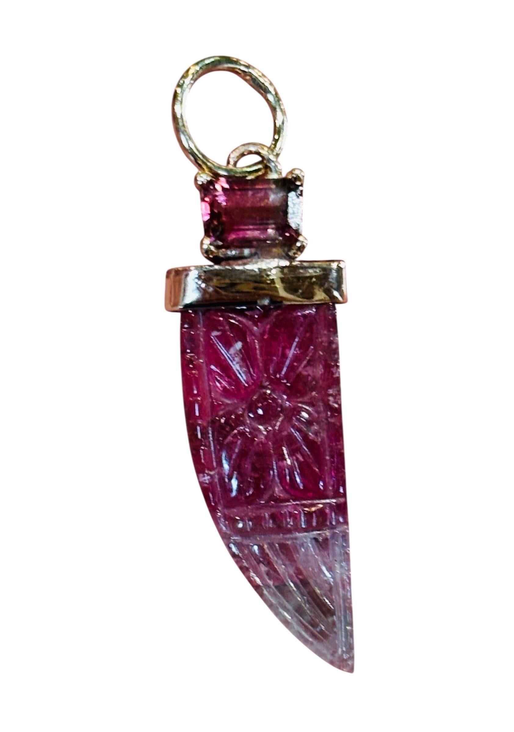 Carved Watermelon Tourmaline Pendant topped with Watermelon Tourmaline & 14K For Sale 1