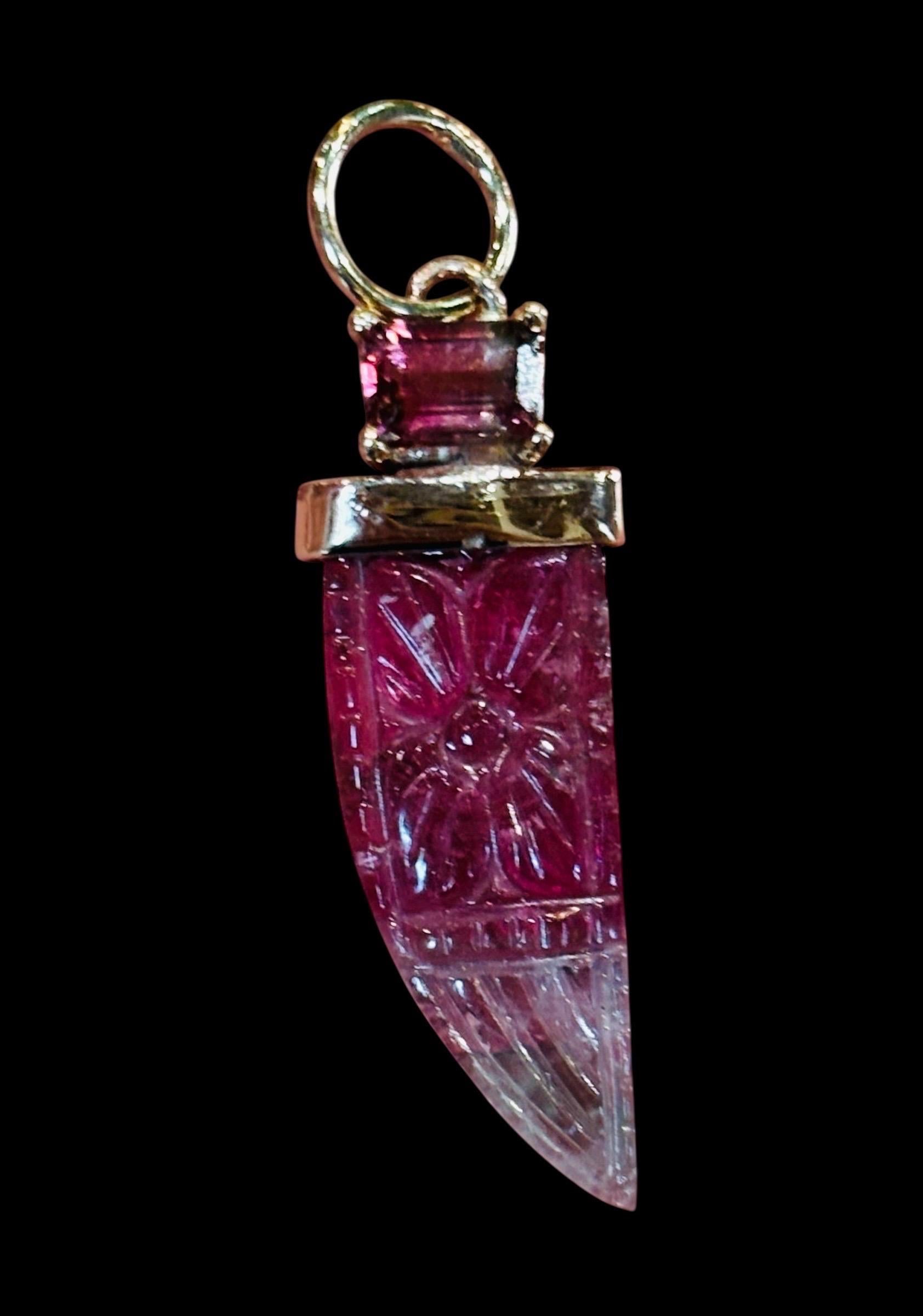 Carved Watermelon Tourmaline Pendant topped with Watermelon Tourmaline & 14K For Sale 2