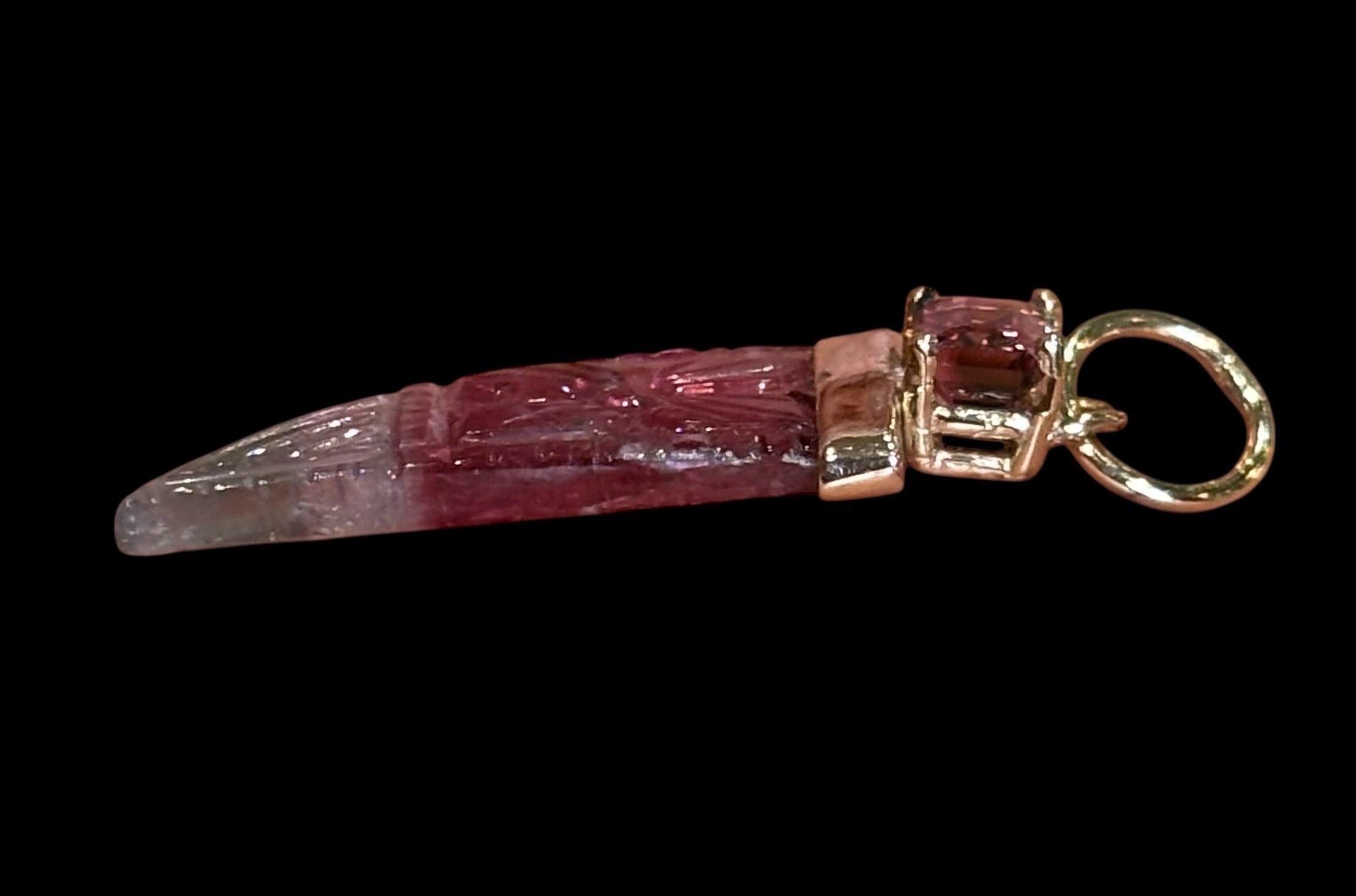 Carved Watermelon Tourmaline Pendant topped with Watermelon Tourmaline & 14K For Sale 3