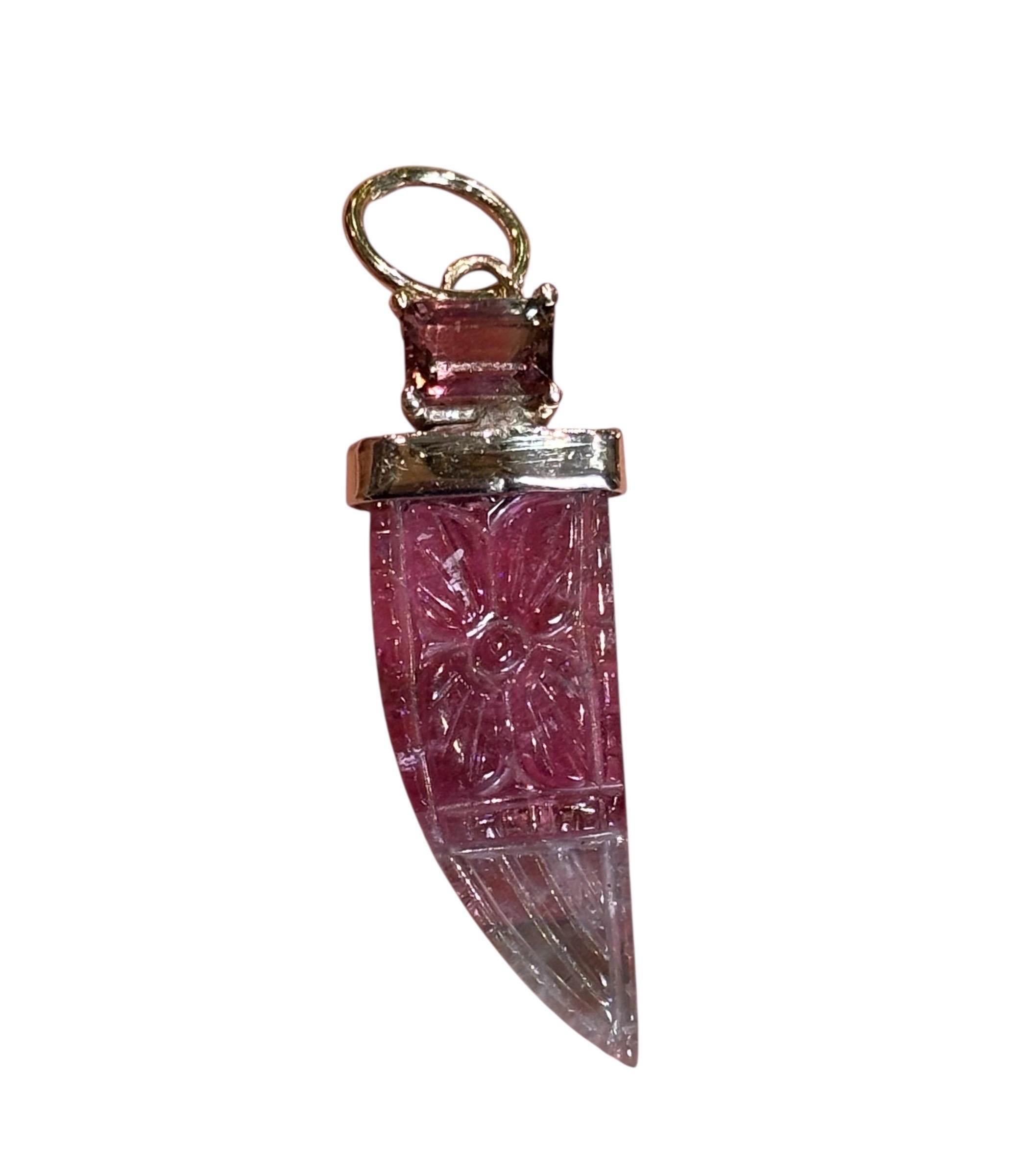 Carved Watermelon Tourmaline Pendant topped with Watermelon Tourmaline & 14K For Sale 4
