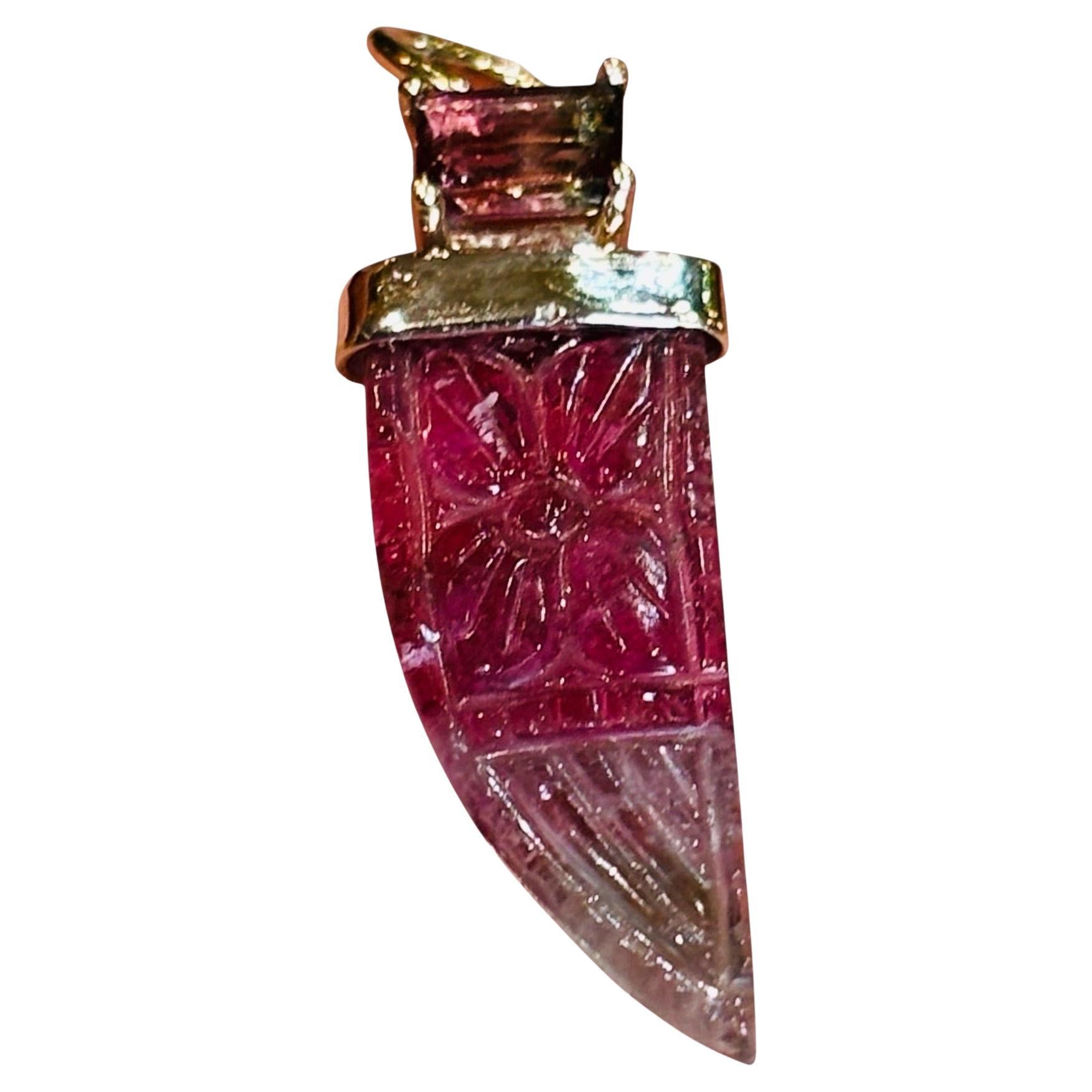 Carved Watermelon Tourmaline Pendant topped with Watermelon Tourmaline & 14K