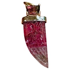 Carved Watermelon Tourmaline Pendant topped with Watermelon Tourmaline & 14K