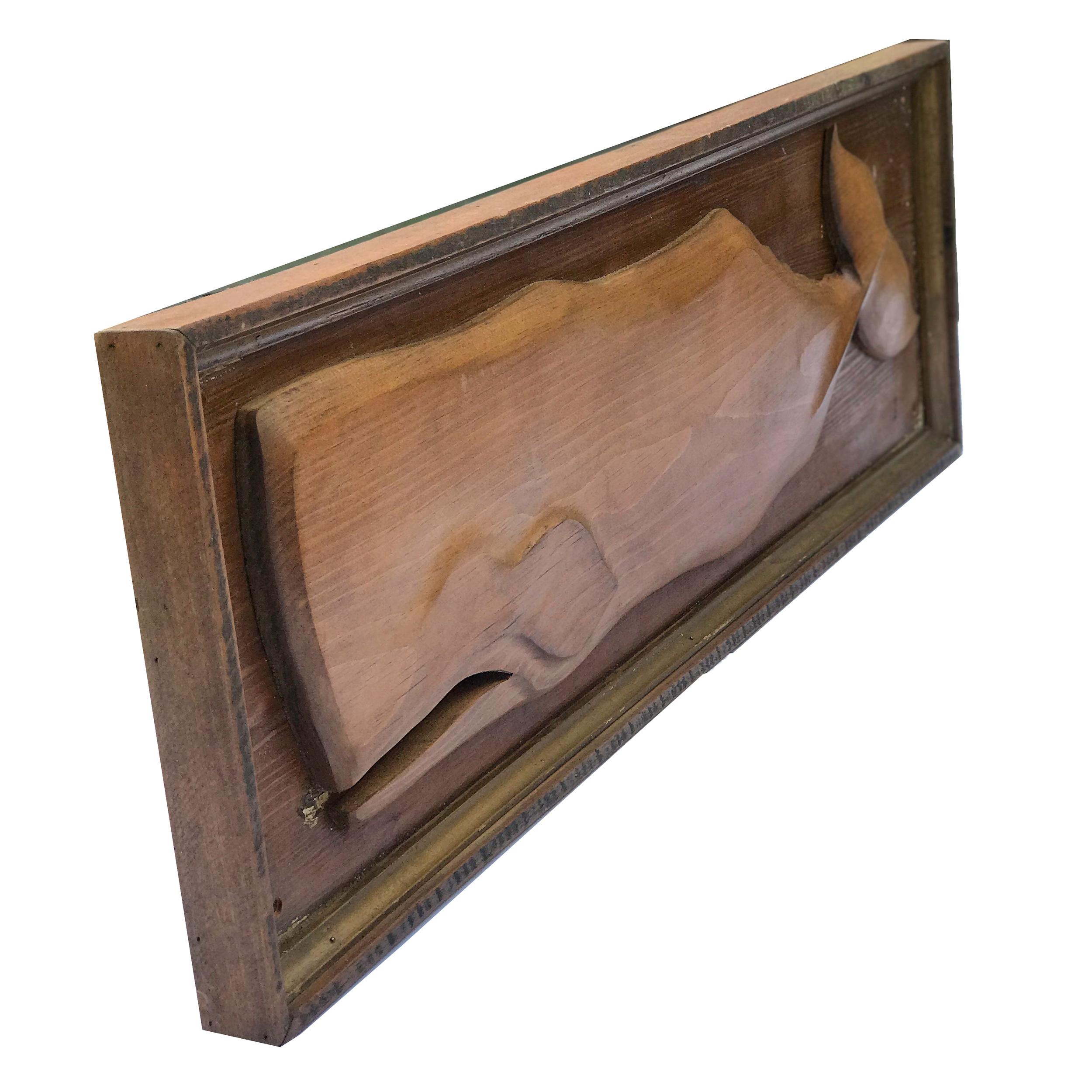 Sperm whale is carved from pine and mounted on oak, the frame is quarter sawn oak with gold painted molded liner.