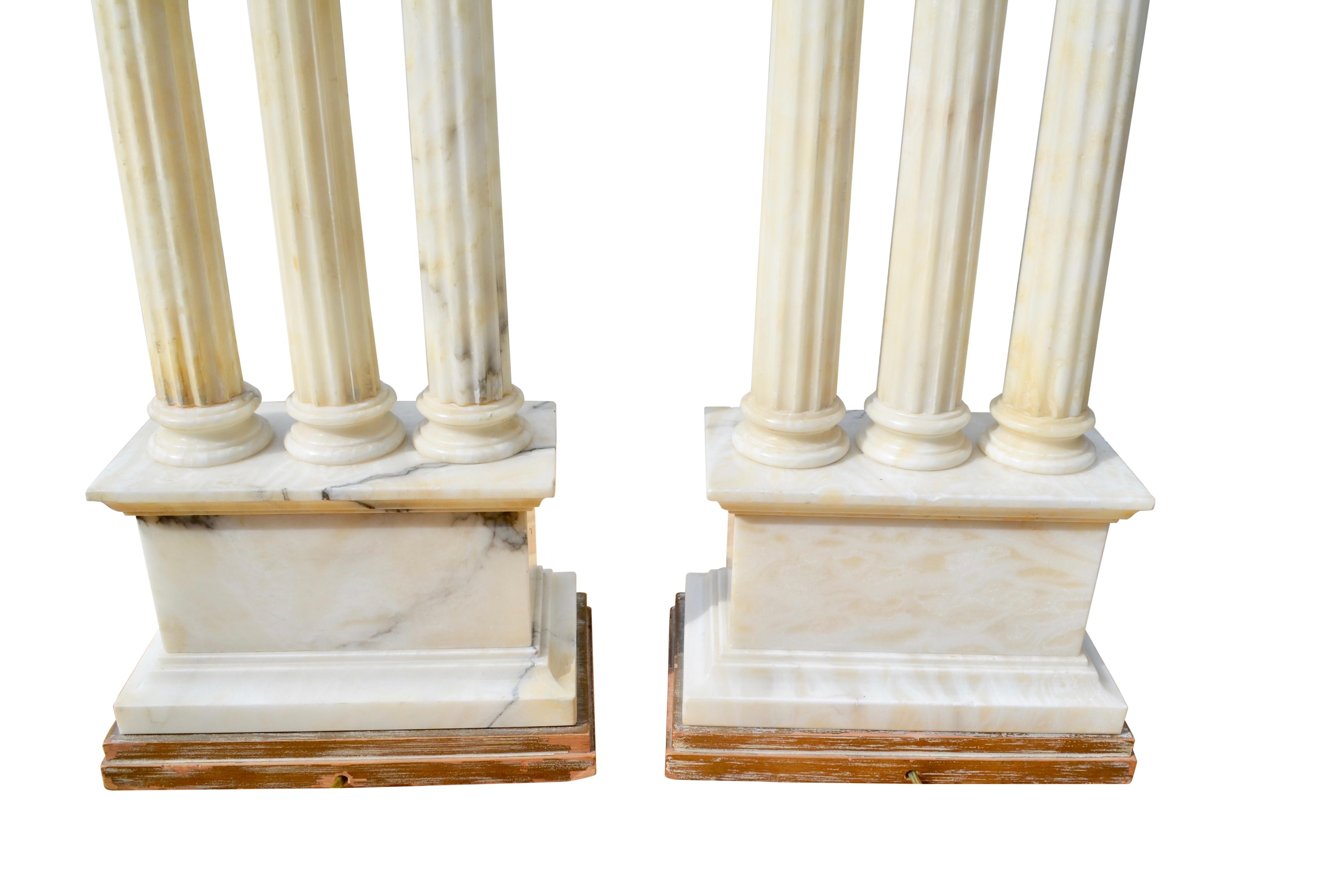 Carved White Alabaster Lamps Modelled After Roman Temple Ruins For Sale 3