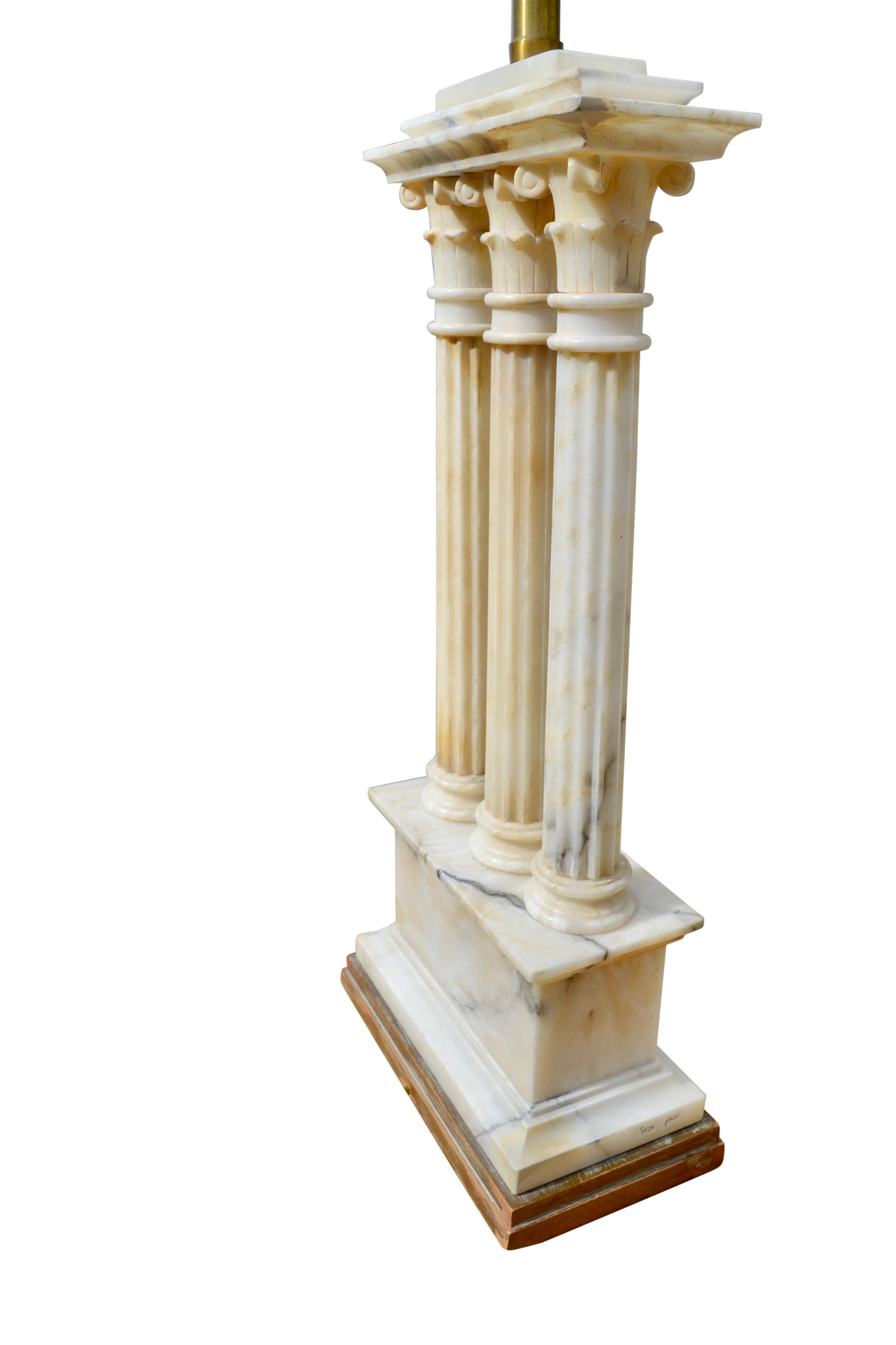 Carved White Alabaster Lamps Modelled After Roman Temple Ruins For Sale 4