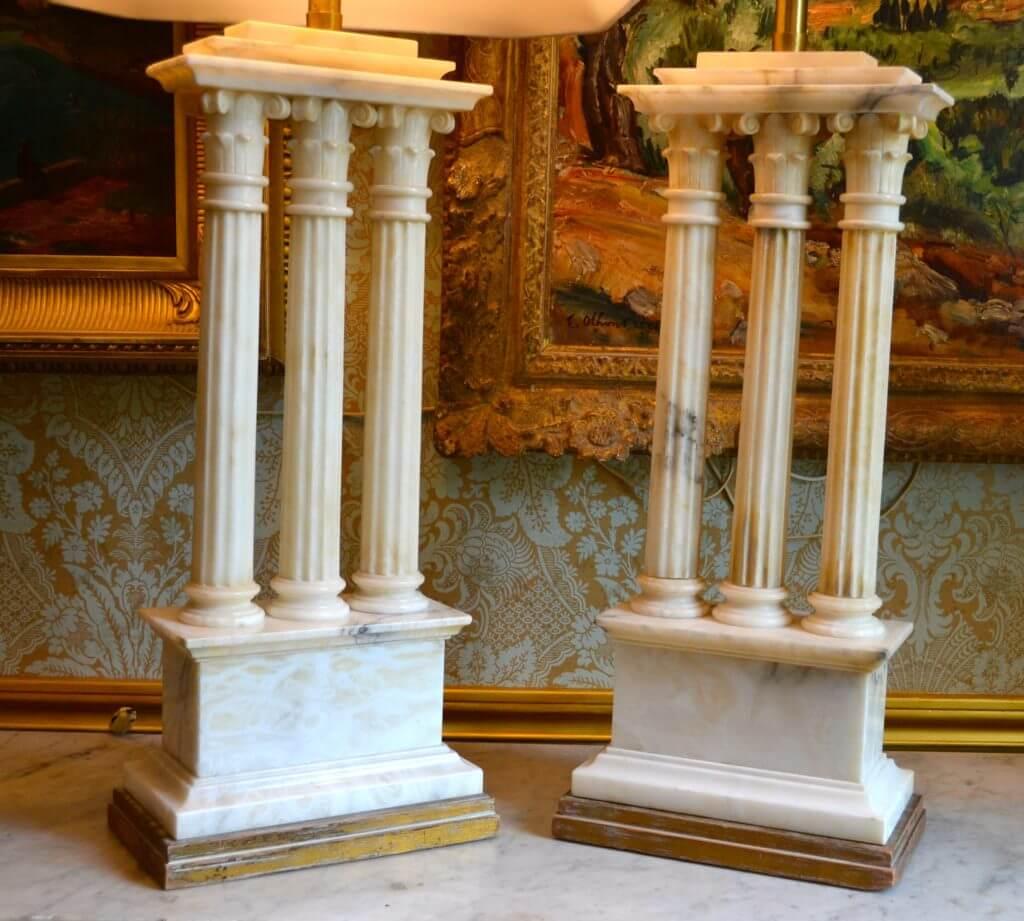 Carved White Alabaster Lamps Modelled After Roman Temple Ruins For Sale 6