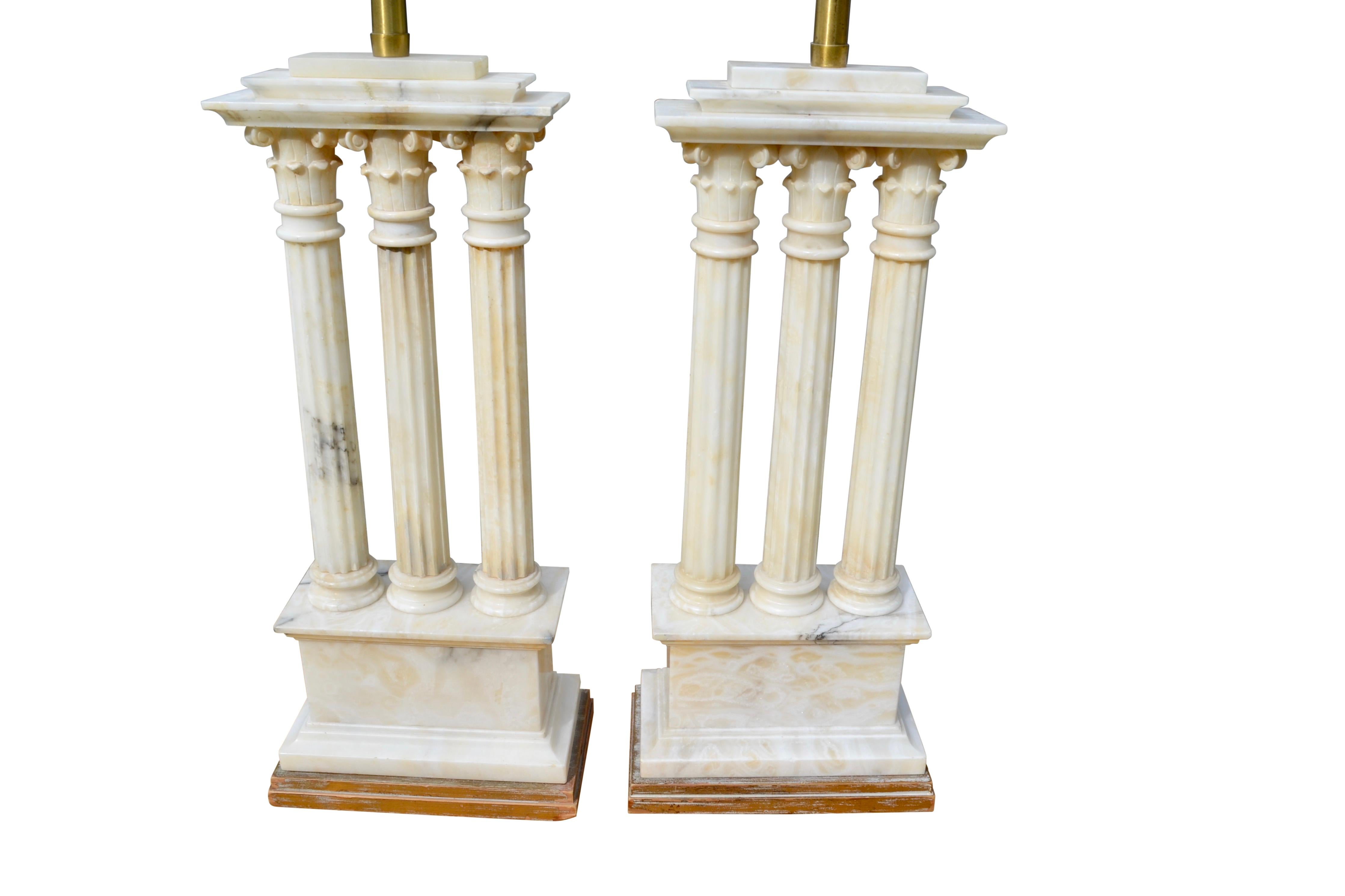 Classical Roman Carved White Alabaster Lamps Modelled After Roman Temple Ruins For Sale