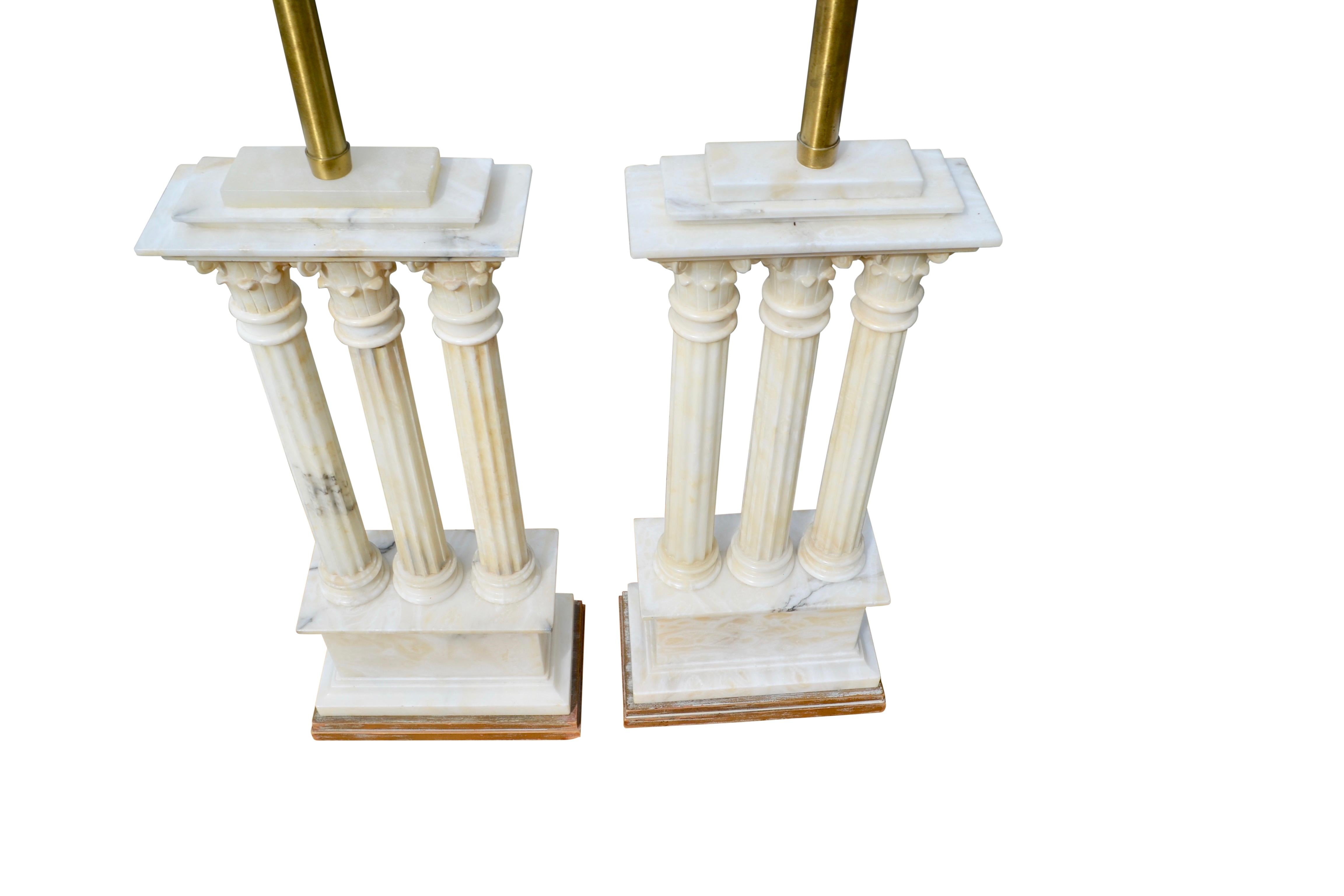 Italian Carved White Alabaster Lamps Modelled After Roman Temple Ruins For Sale