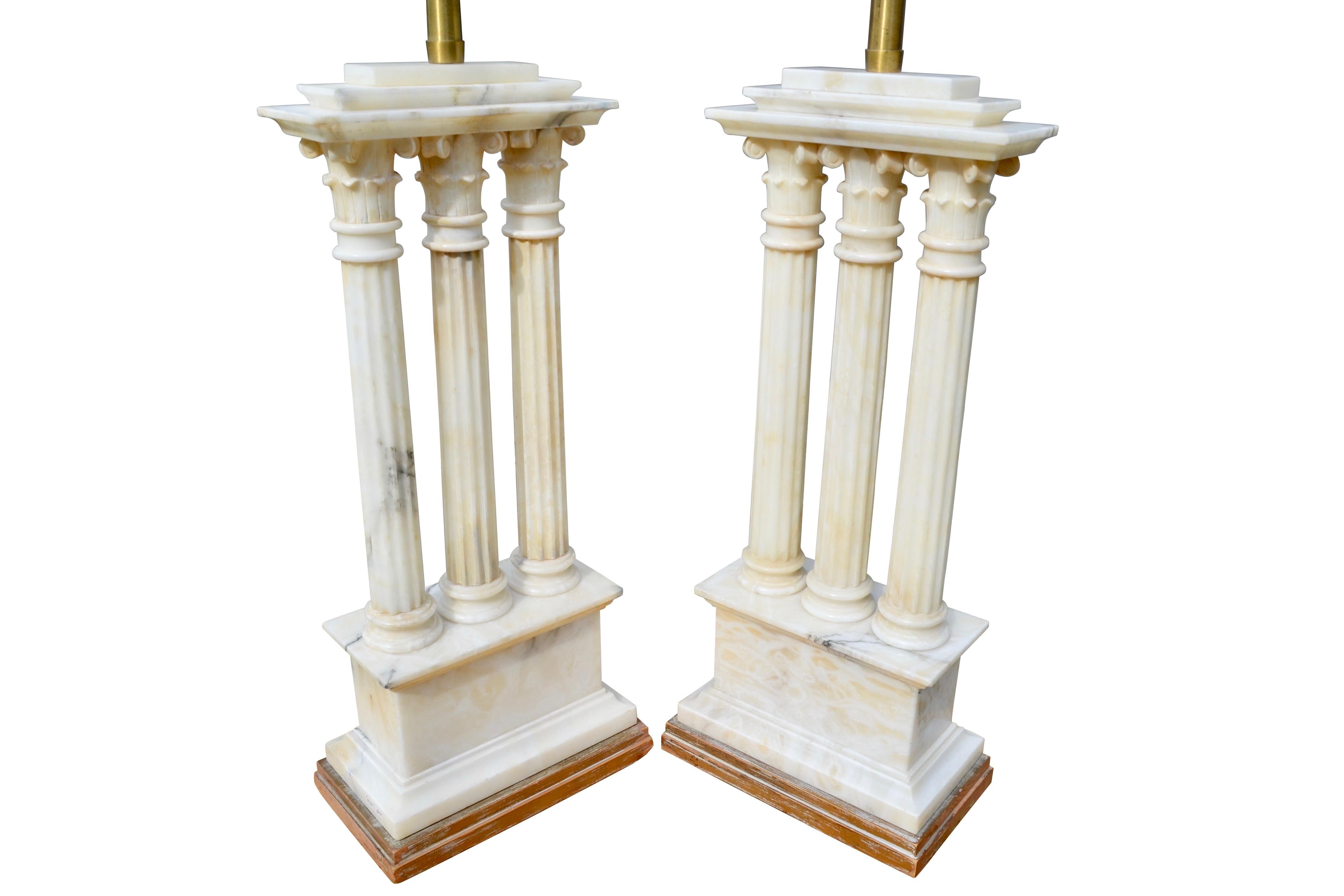 Carved White Alabaster Lamps Modelled After Roman Temple Ruins In Good Condition For Sale In Vancouver, British Columbia