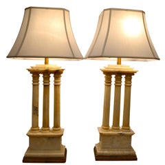 Carved White Alabaster Lamps Modelled After Roman Temple Ruins