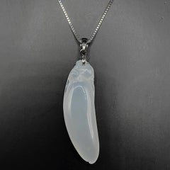 Certified Carved White Burmese Jadeite Jade Lucky Bean Pendant in 18K White Gold