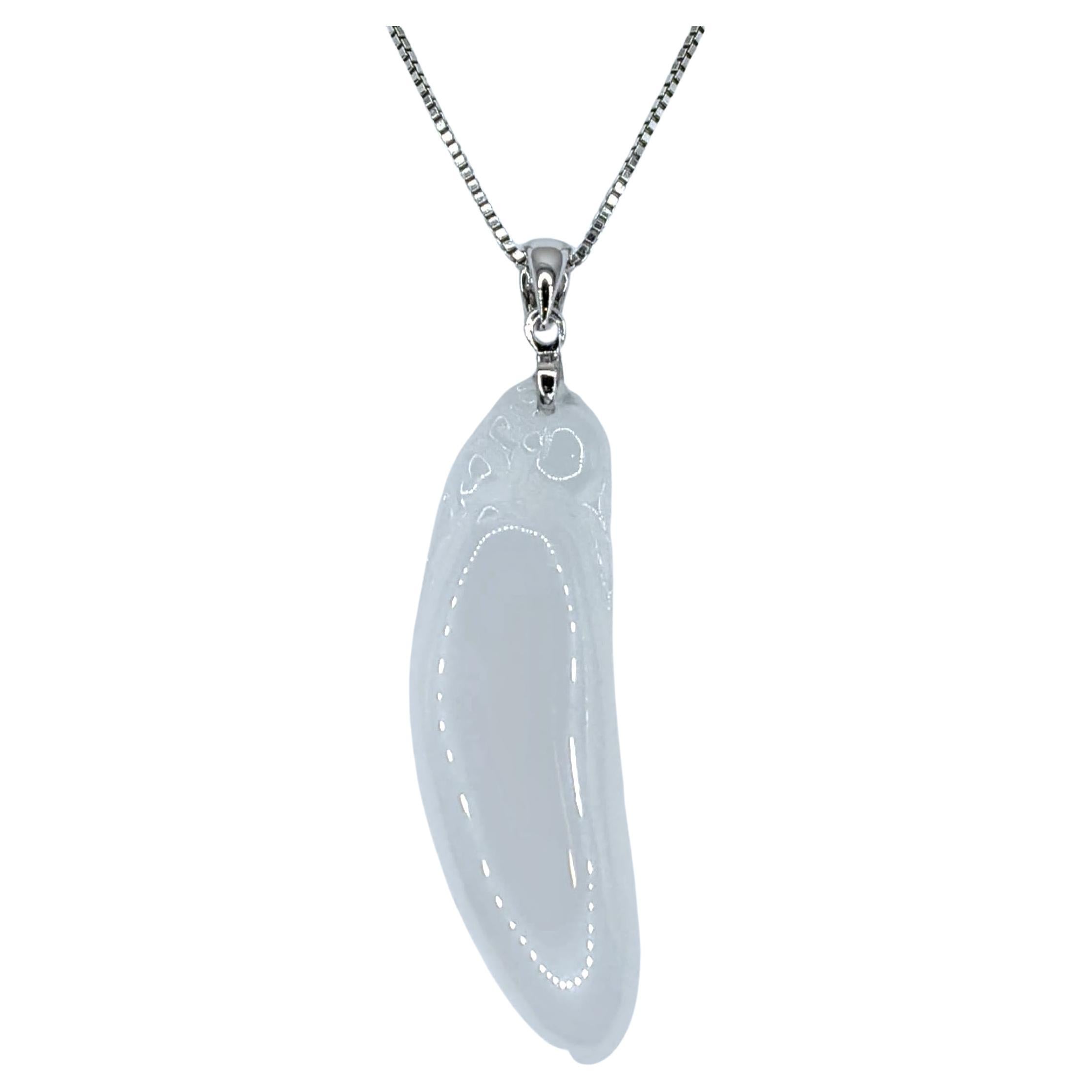 Certified Carved White Burmese Jadeite Jade Lucky Bean Pendant in 18K White Gold