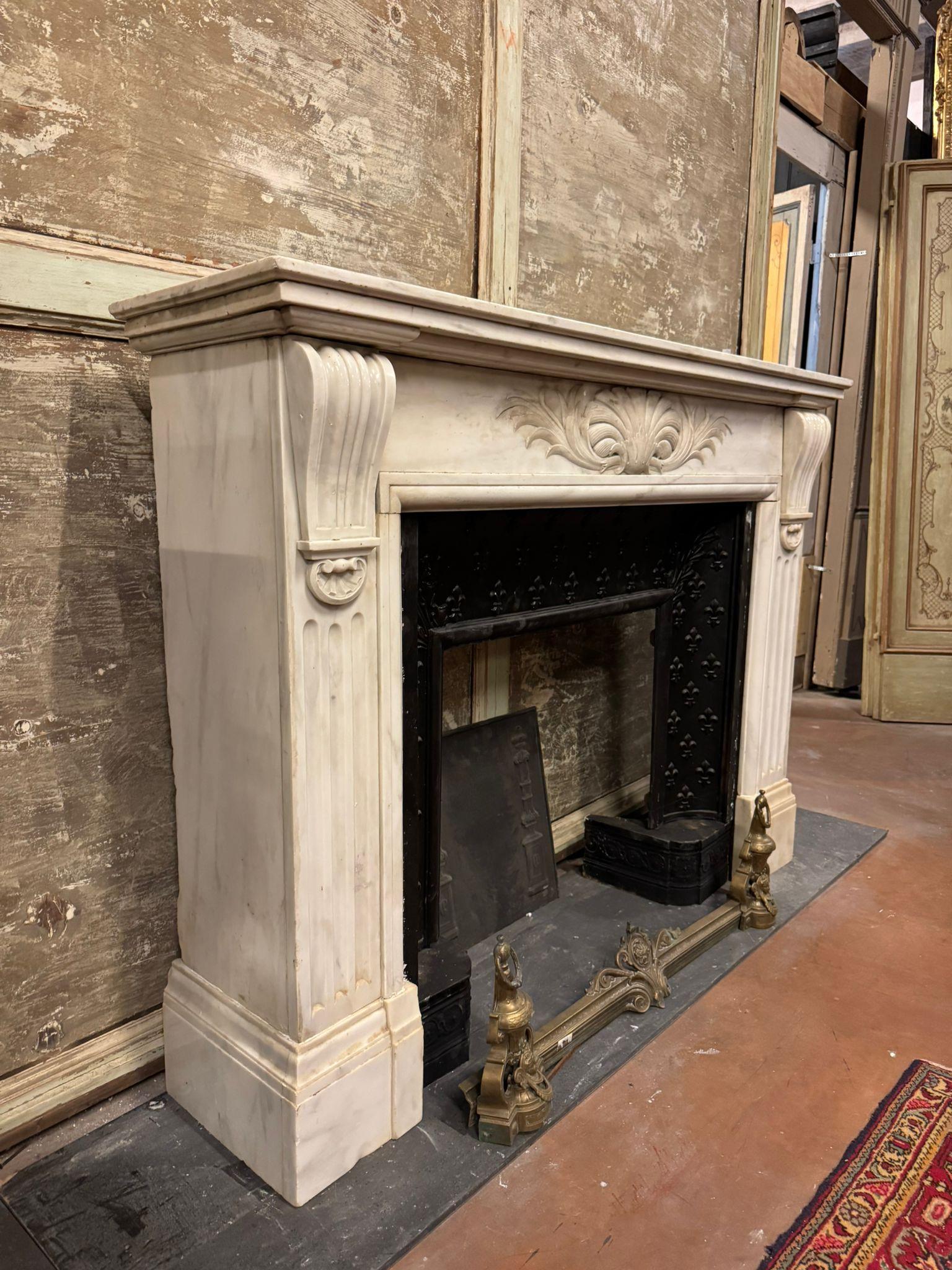 Italian Carved white Carrara marble fireplace mantle, Italy For Sale